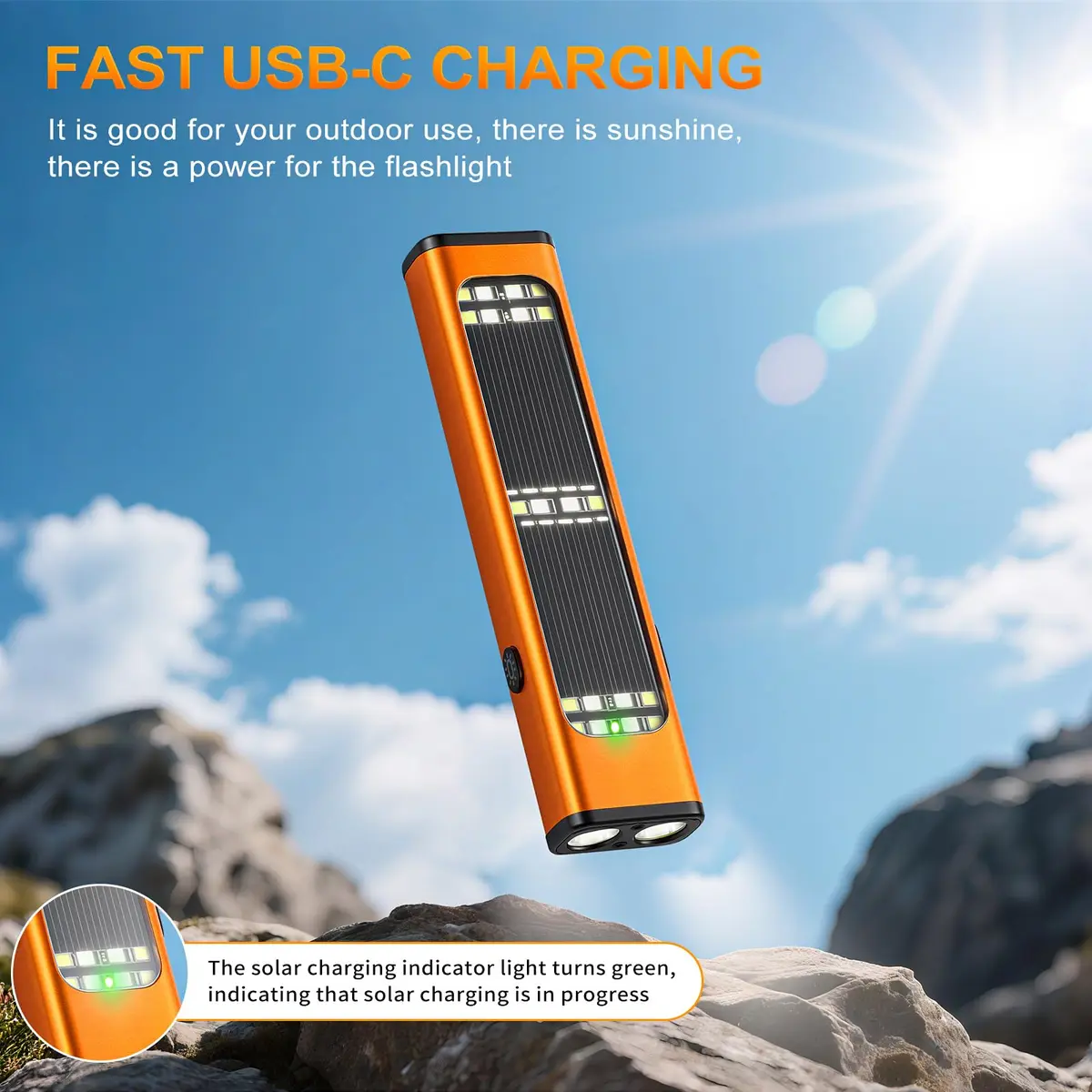 Ciwuzxs Solar Rechargeable EDC Flat Flashlight Orange | 900 Lumens, 200-300m Beam, Type-C Charging - view 5