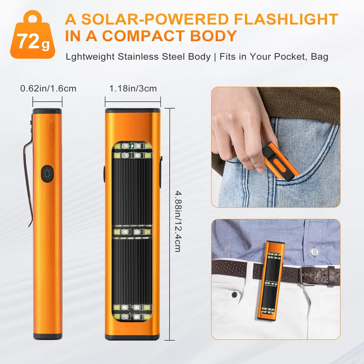 Ciwuzxs Solar Rechargeable EDC Flat Flashlight Orange | 900 Lumens, 200-300m Beam, Type-C Charging - view 6