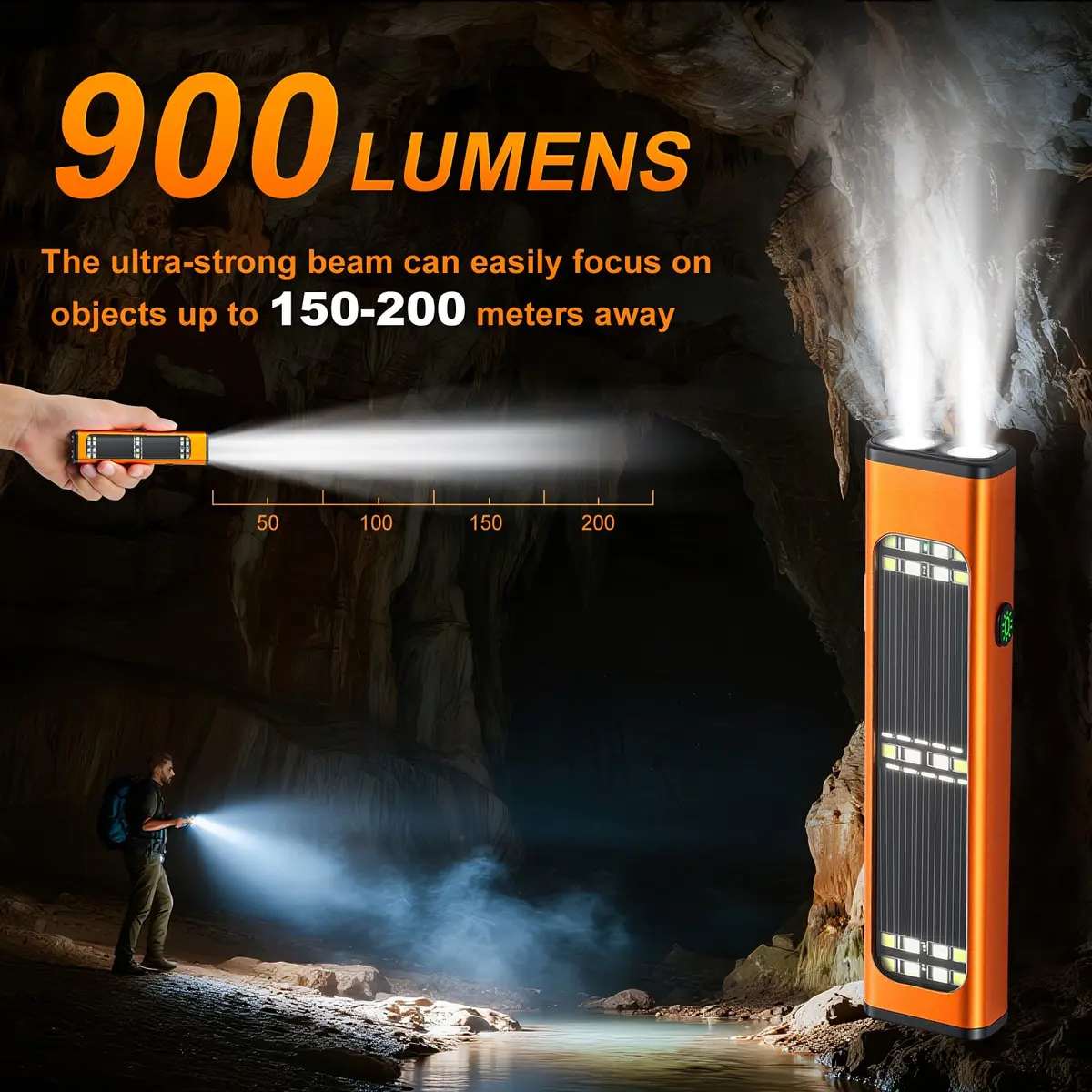 Ciwuzxs Solar Rechargeable EDC Flat Flashlight Orange | 900 Lumens, 200-300m Beam, Type-C Charging - view 2