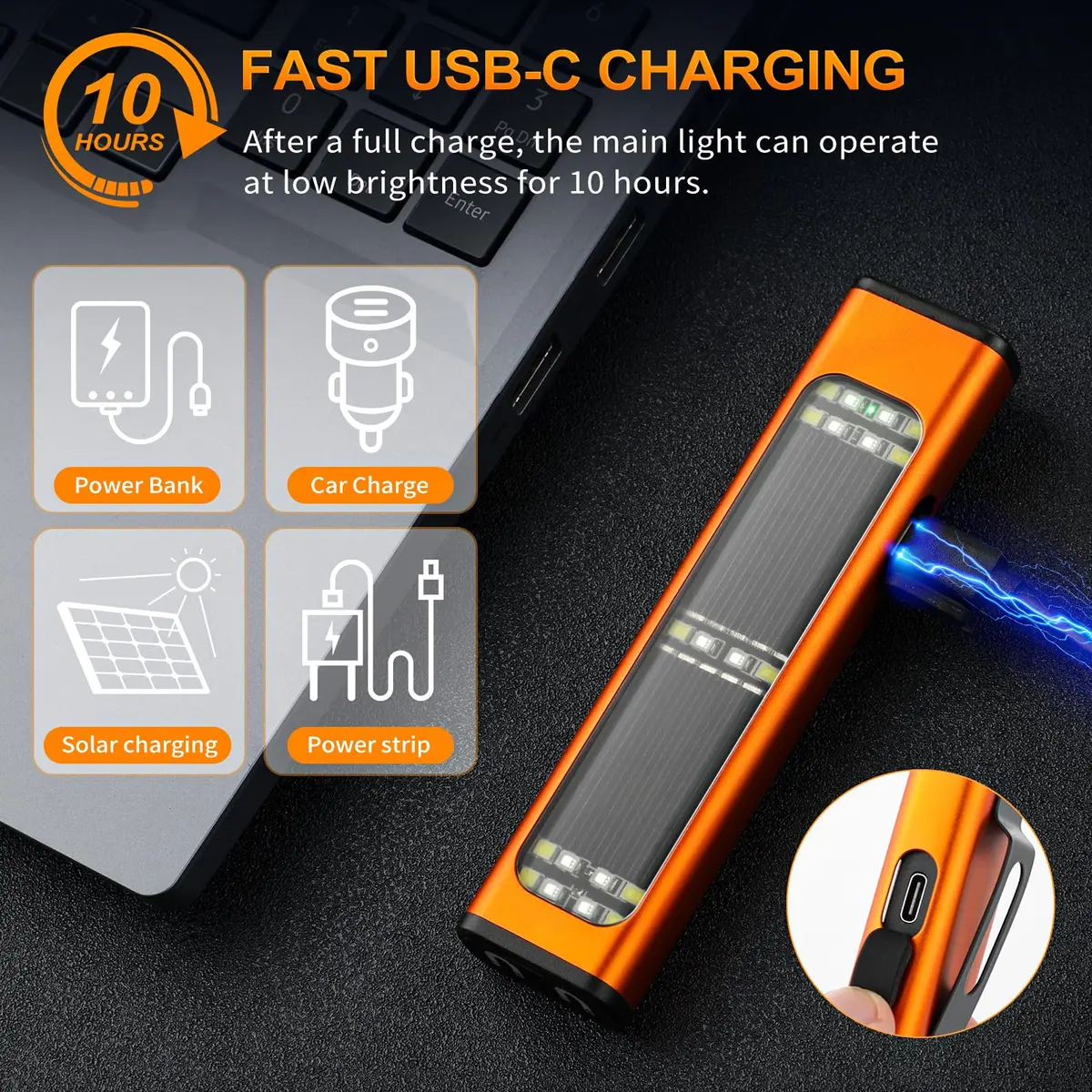 Ciwuzxs Solar Rechargeable EDC Flat Flashlight Orange | 900 Lumens, 200-300m Beam, Type-C Charging - view 4