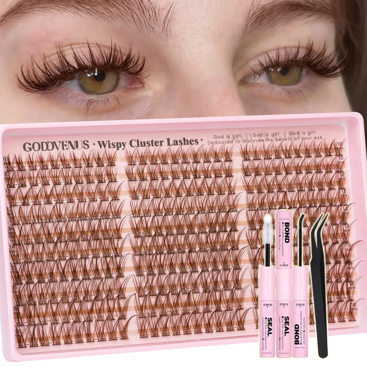 Goddvenus Brown Lash Clusters Kit 300Pcs | Natural Soft Texture C Curl Individual Lashes 10-16mm - main product image