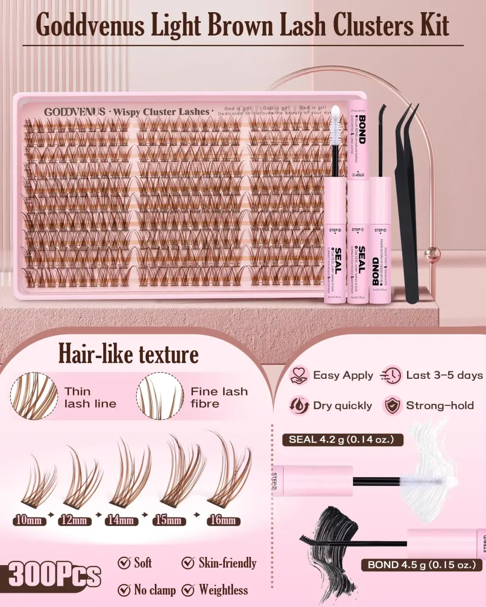 Goddvenus Brown Lash Clusters Kit 300Pcs | Natural Soft Texture C Curl Individual Lashes 10-16mm - view 7