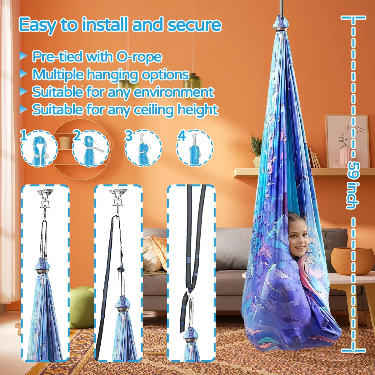 Heyfriday Sensory Swing for Kids & Adults | Double Layer Therapy Cuddle Swing, Holds up to 300lbs, Adjustable, Indoor & Outdoor, Cerulean - view 5