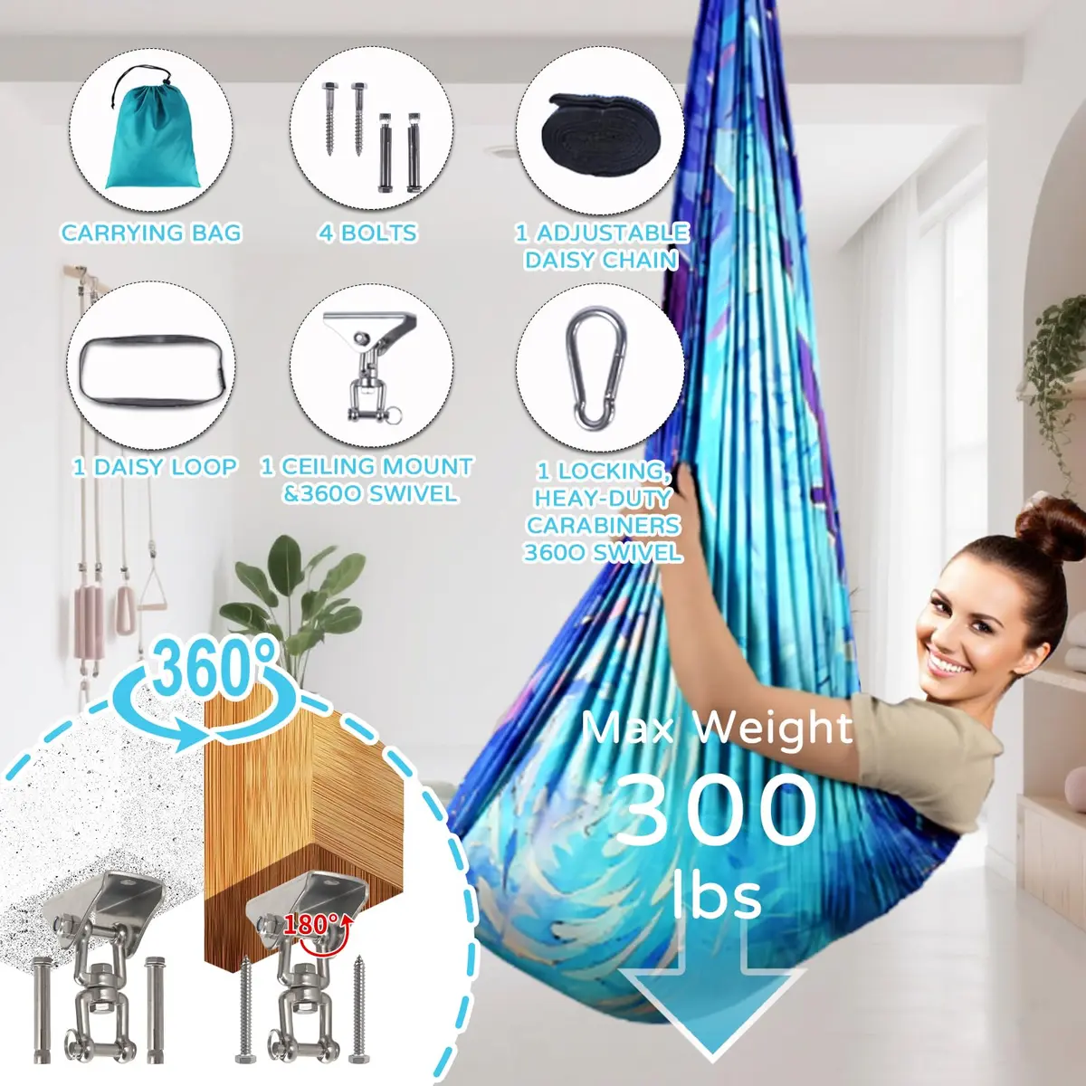 Heyfriday Sensory Swing for Kids & Adults | Double Layer Therapy Cuddle Swing, Holds up to 300lbs, Adjustable, Indoor & Outdoor, Cerulean - view 6