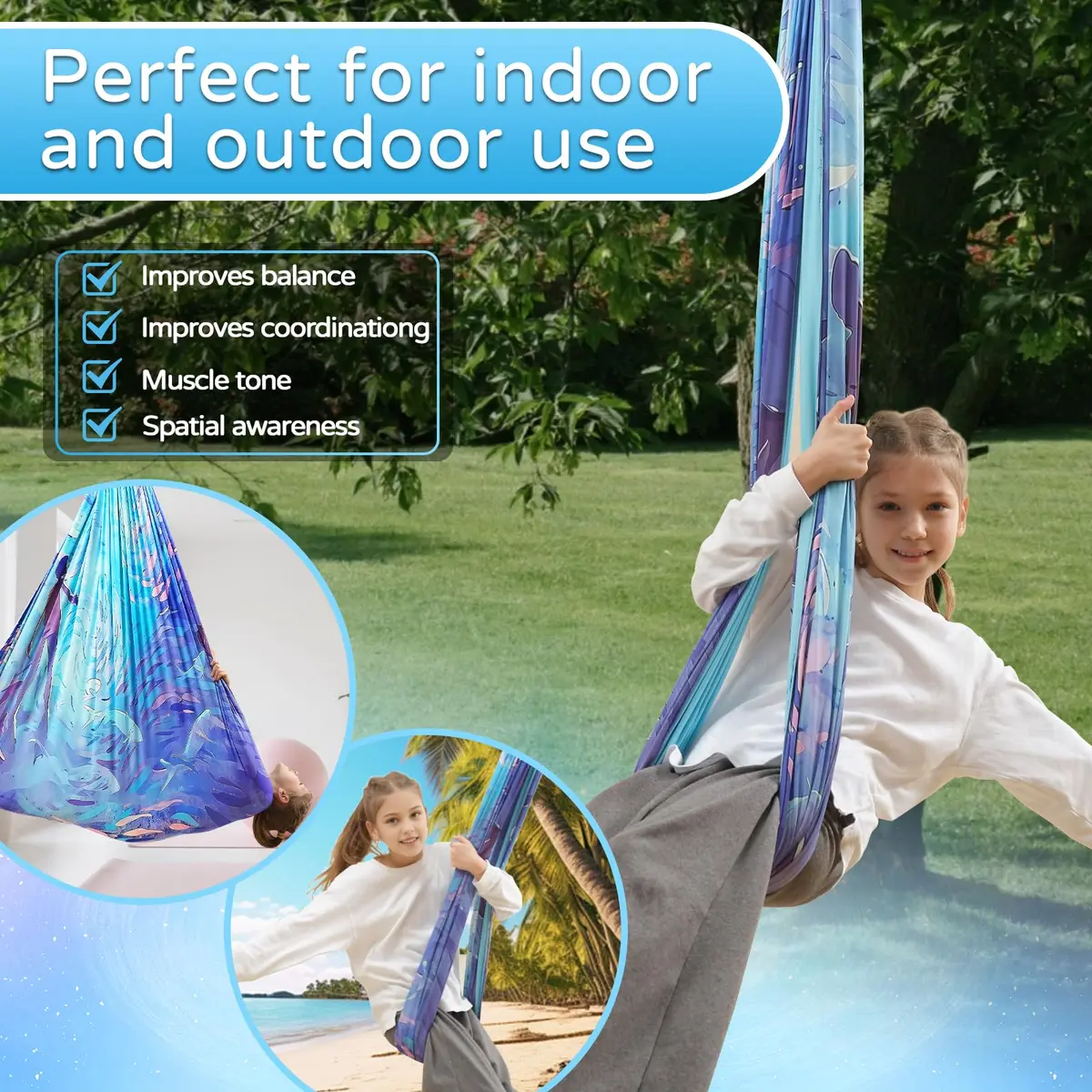 Heyfriday Sensory Swing for Kids & Adults | Double Layer Therapy Cuddle Swing, Holds up to 300lbs, Adjustable, Indoor & Outdoor, Cerulean - view 7
