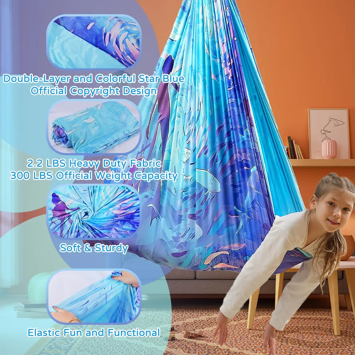 Heyfriday Sensory Swing for Kids & Adults | Double Layer Therapy Cuddle Swing, Holds up to 300lbs, Adjustable, Indoor & Outdoor, Cerulean - view 2