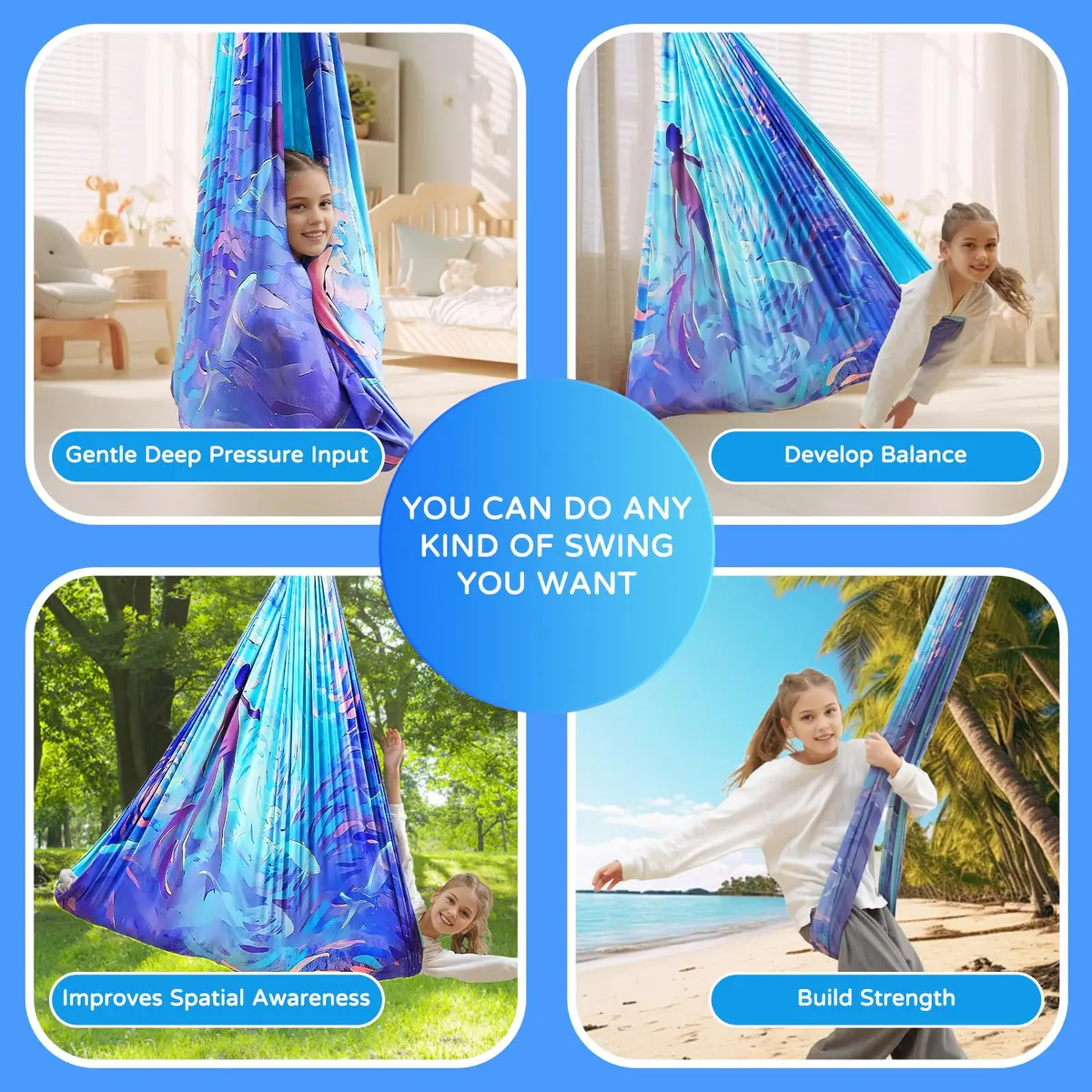 Heyfriday Sensory Swing for Kids & Adults | Double Layer Therapy Cuddle Swing, Holds up to 300lbs, Adjustable, Indoor & Outdoor, Cerulean - view 3