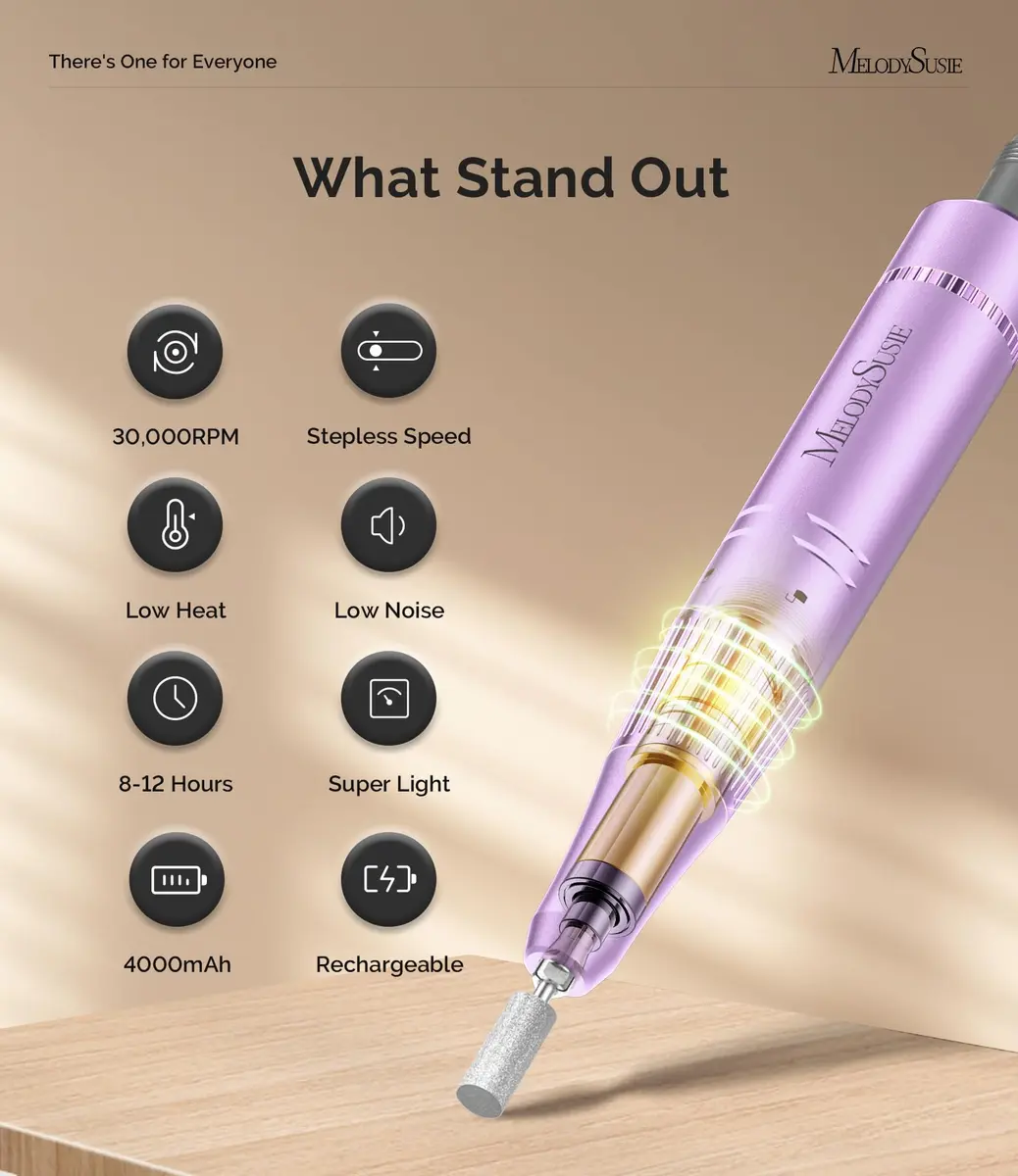 MelodySusie SC320F Rechargeable Nail Drill 30,000 RPM | Beginner-Friendly E-File with Pastel Design, 8-12 Hour Battery Life - view 3