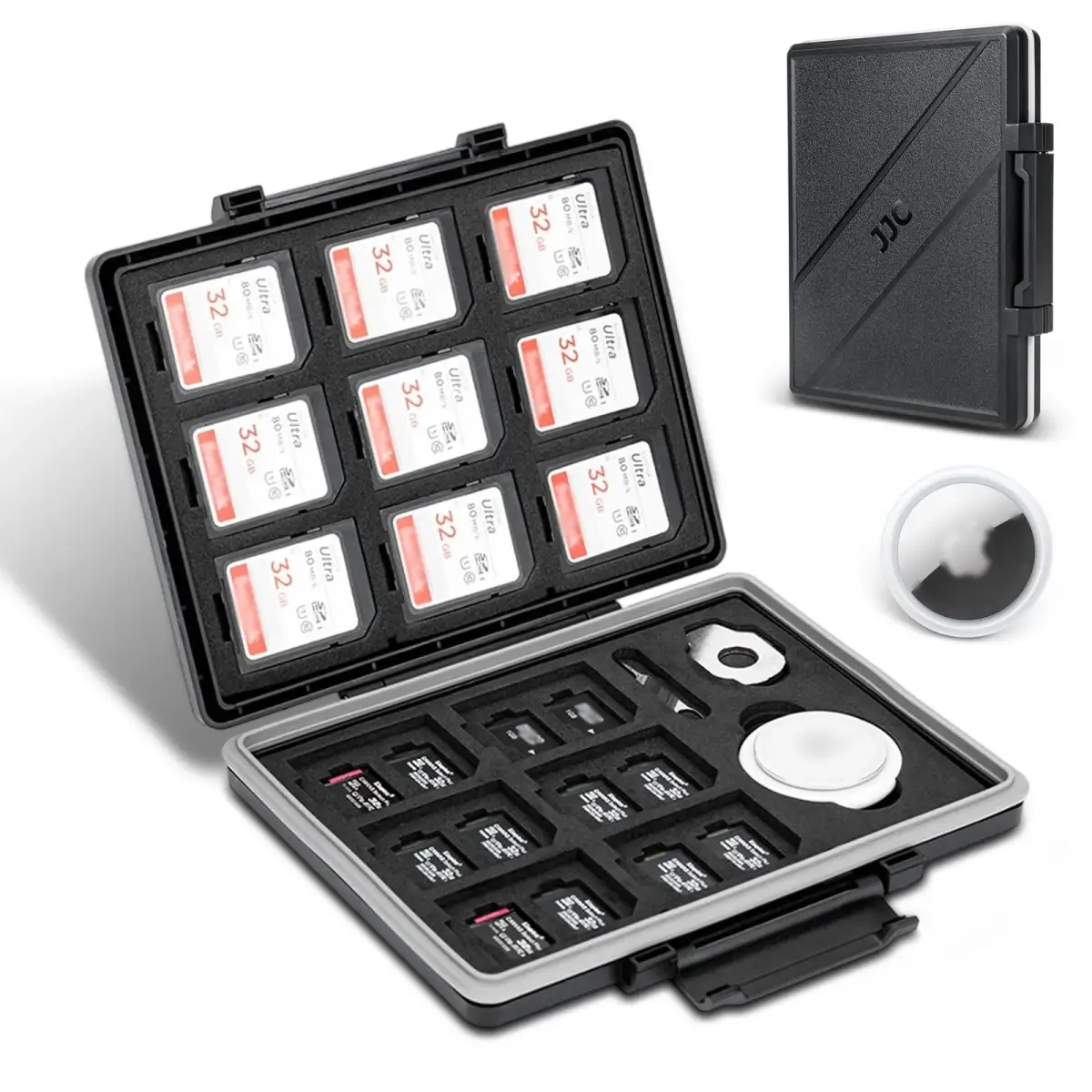 JJC 45-Slot Memory Card Case for 30 Micro SD & 15 SD Cards with AirTag Slot | Water-Resistant, Anti-Shock, Anti-Dust Organizer - main product image