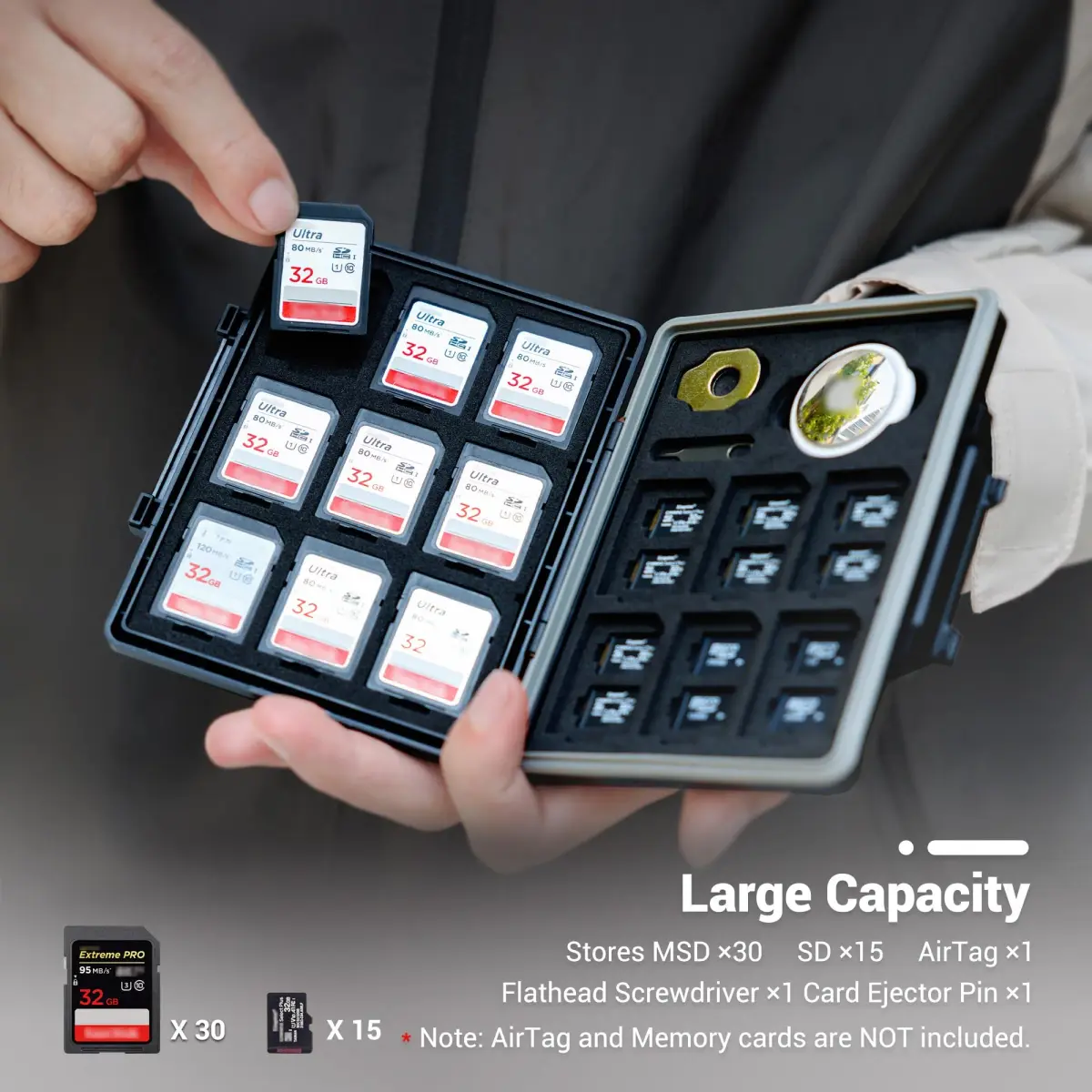 JJC 45-Slot Memory Card Case for 30 Micro SD & 15 SD Cards with AirTag Slot | Water-Resistant, Anti-Shock, Anti-Dust Organizer - view 2