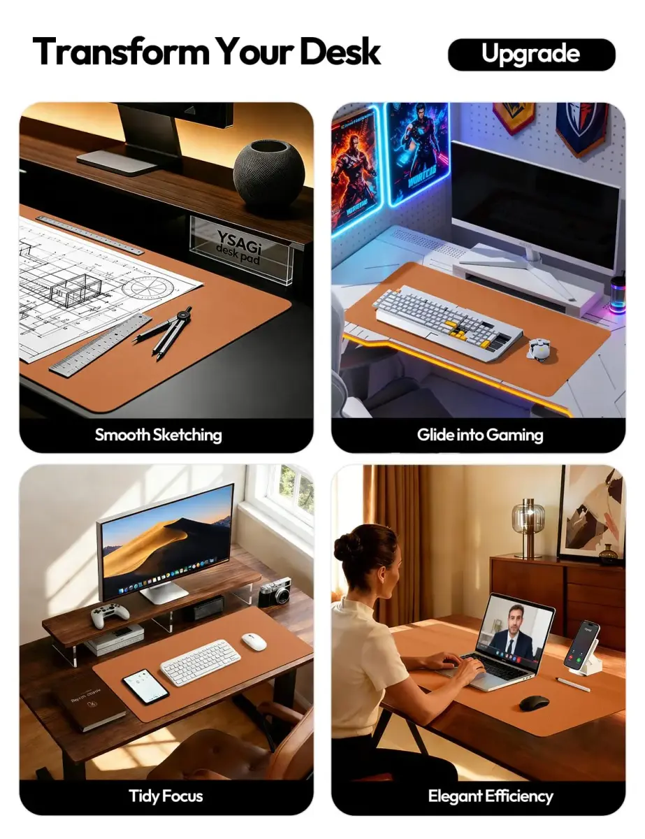 YSAGi PU Leather Desk Protector Mat 47" x 17" (119cm x 43cm) | Waterproof Large Mouse Pad for Office and Home - view 2