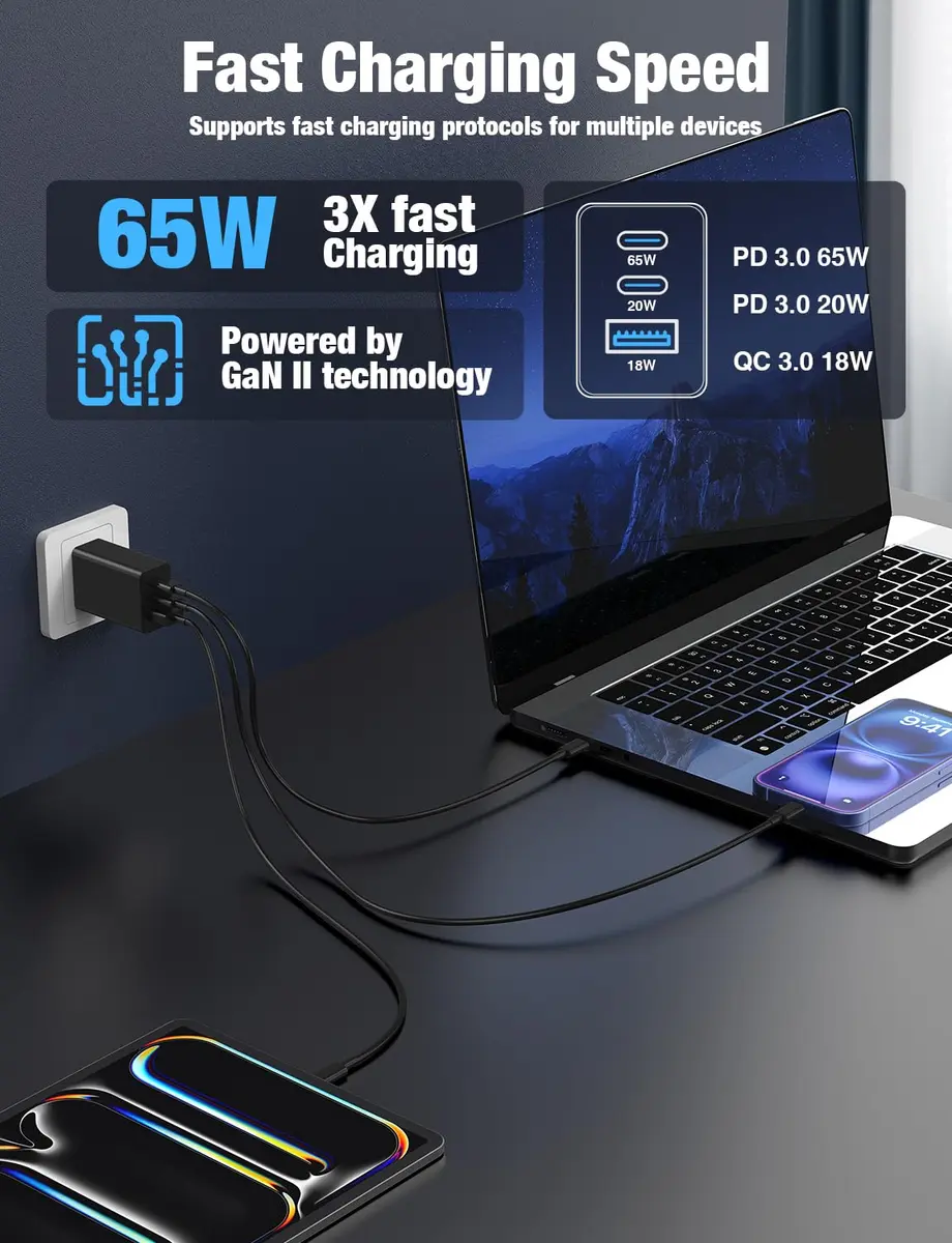 Hzevn 2Pack 85W USB C Wall Charger Block with 3 Ports | Super Fast Charging for MacBook & iPhone - view 3