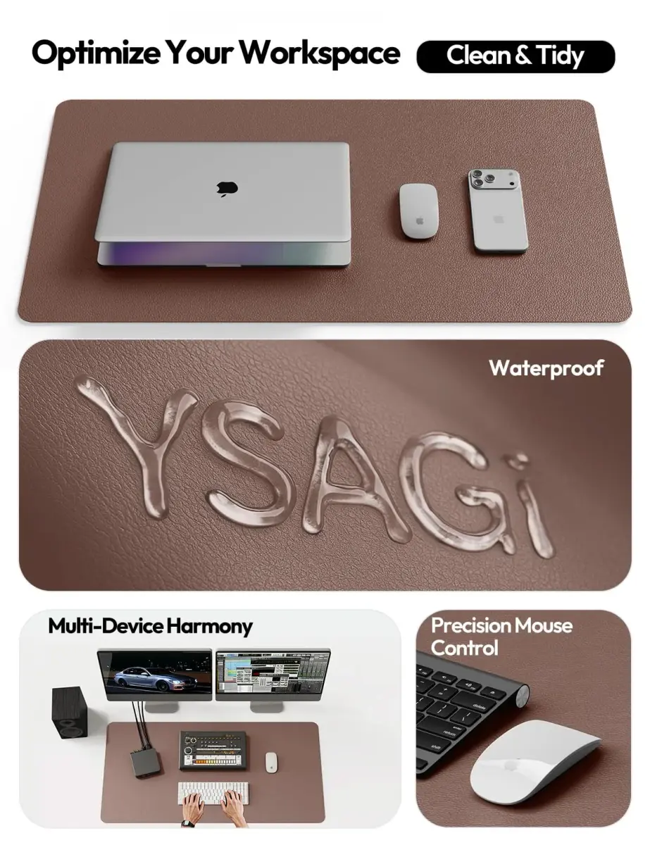YSAGi Chocolate PU Leather Desk Protector Mat 120cm x 43cm (47" x 17") | Large Waterproof Writing Pad with Non-Slip Suede Base - view 8
