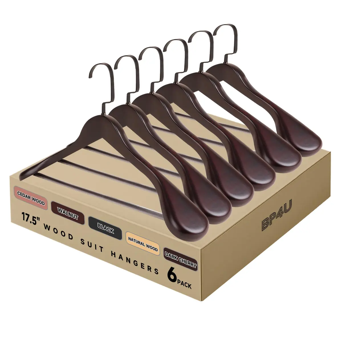 BP4U Wooden Suit Hangers with Non Slip Pants Bar 17.5" Dark Cherry 6-Pack | Heavy Duty, Wide Shoulders, Anti-Slip - main product image