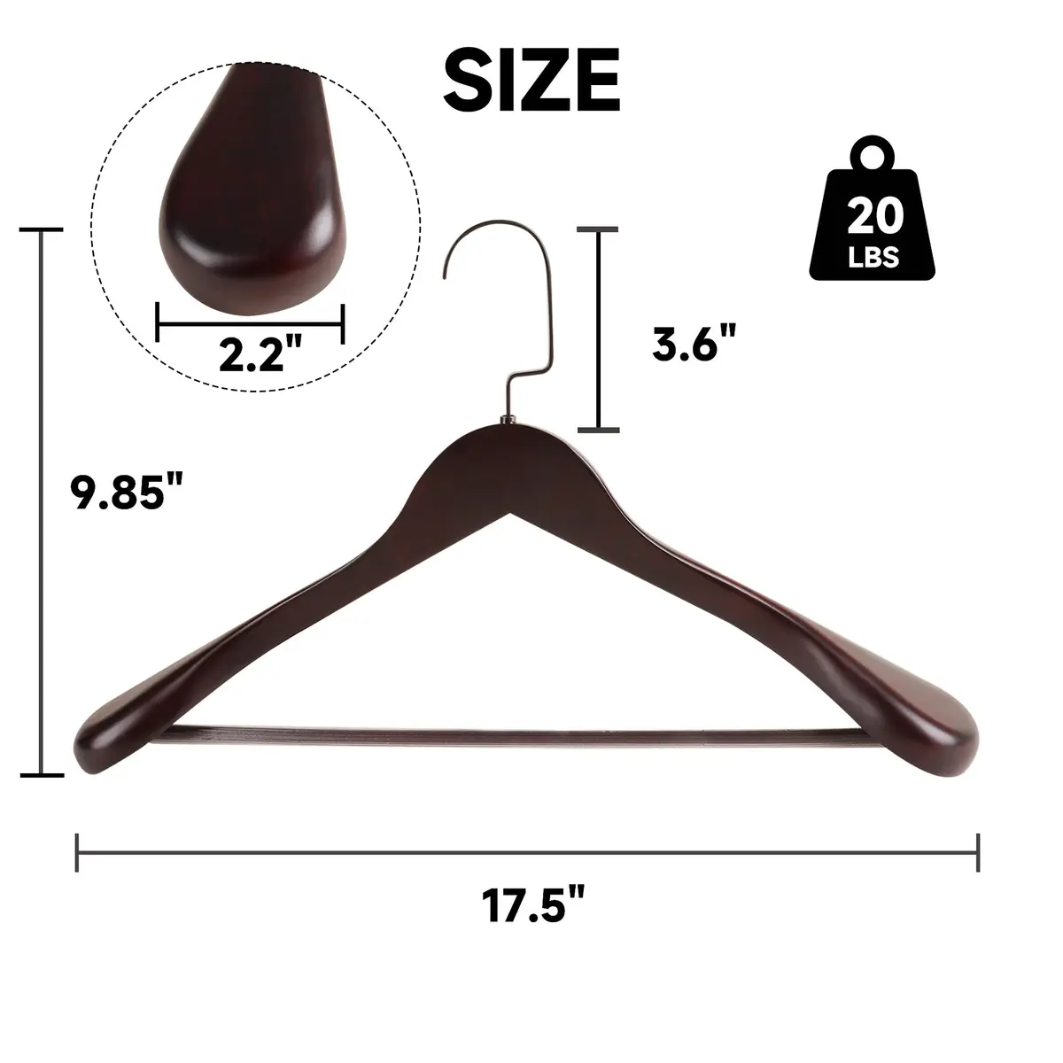 BP4U Wooden Suit Hangers with Non Slip Pants Bar 17.5" Dark Cherry 6-Pack | Heavy Duty, Wide Shoulders, Anti-Slip - view 2
