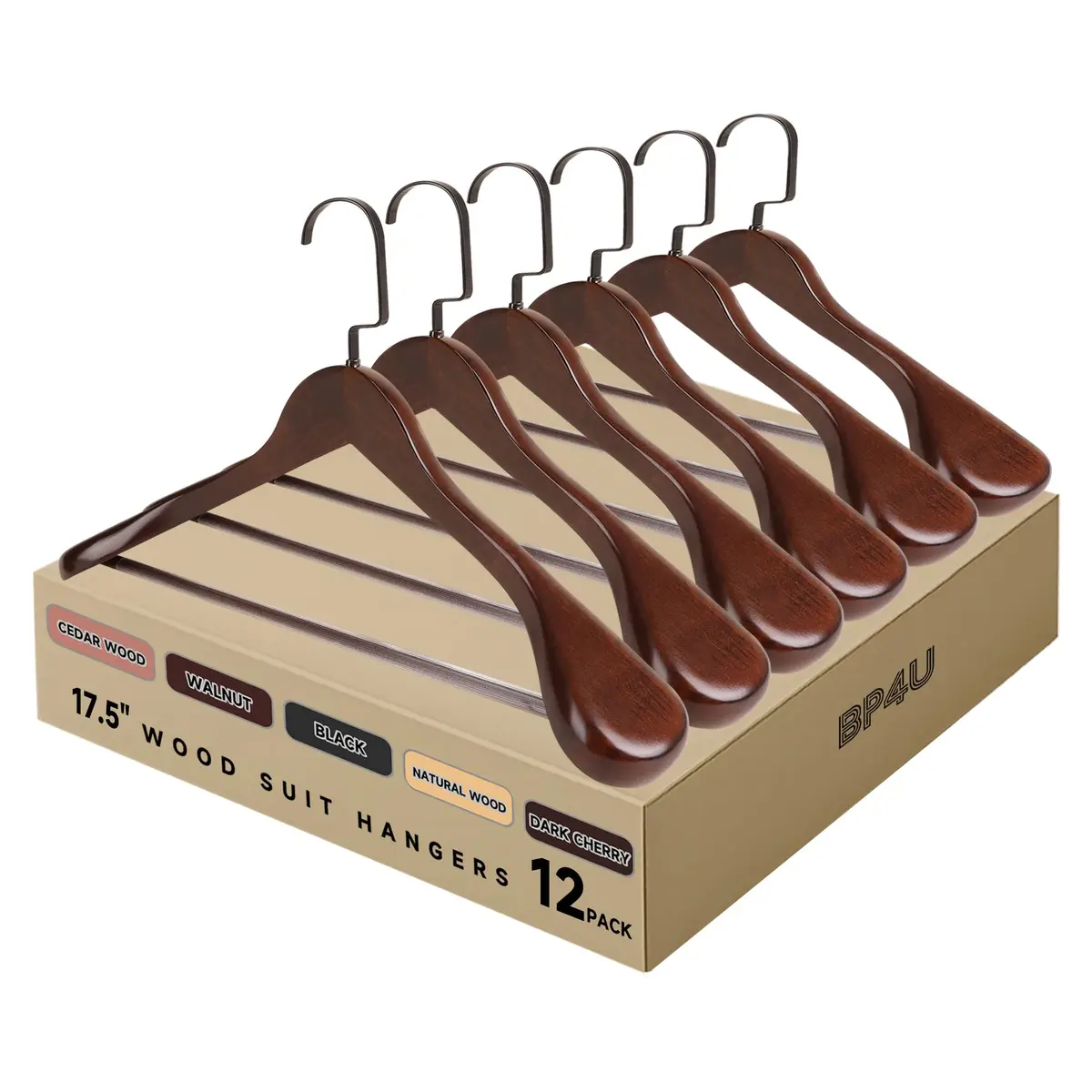 BP4U Wooden Suit Hangers with Non Slip Pants Bar Walnut 12-Pack | Heavy Duty Suit & Coat Organizers - main product image