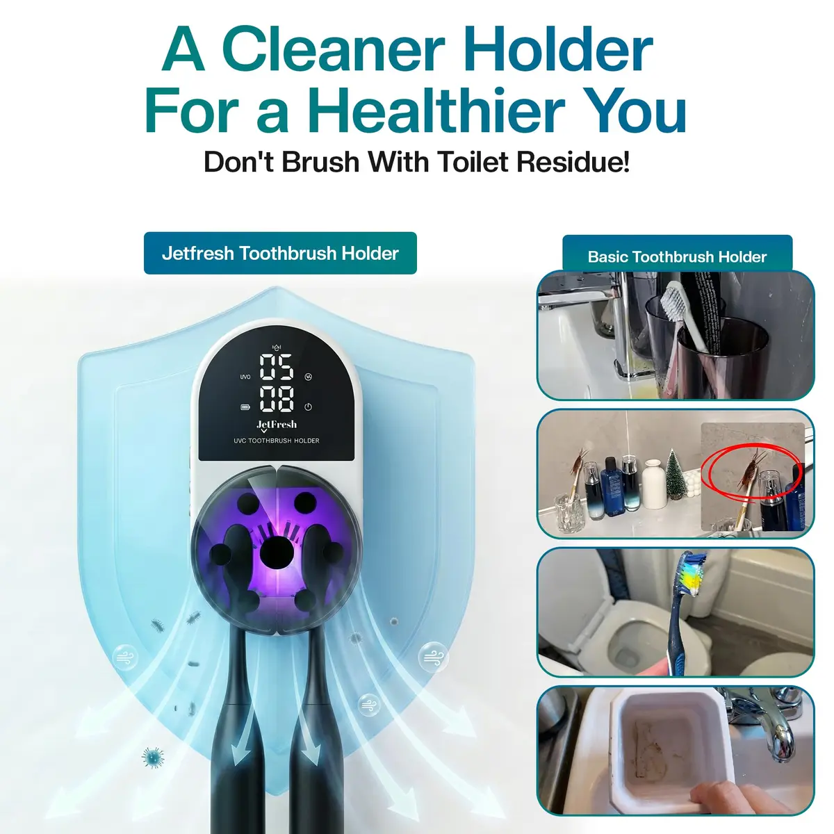 JetFresh UV Toothbrush Sanitizer & Holder with Fan Drying | Wall Mounted UV-C Cleaner for Bathroom - view 5