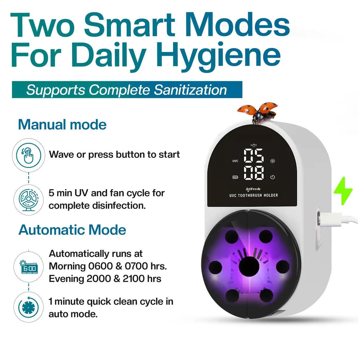JetFresh UV Toothbrush Sanitizer & Holder with Fan Drying | Wall Mounted UV-C Cleaner for Bathroom - view 6