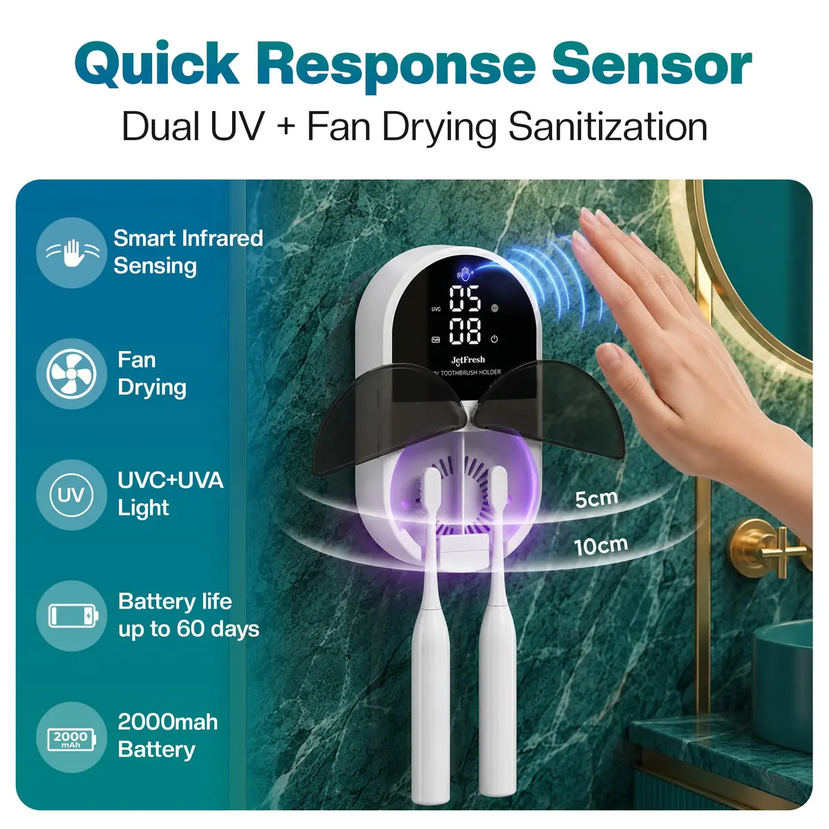 JetFresh UV Toothbrush Sanitizer & Holder with Fan Drying | Wall Mounted UV-C Cleaner for Bathroom - view 2