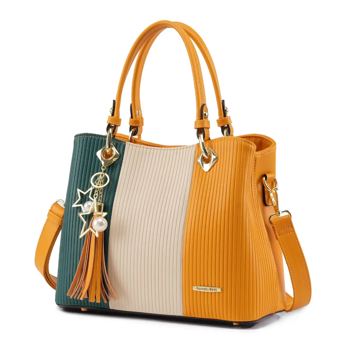 Pomelo Best Women's Satchel Handbag with Top Handle & Detachable Strap, Green/Warm White/Yellow, 30cm (11.8") | 8 Internal Pockets - main product image