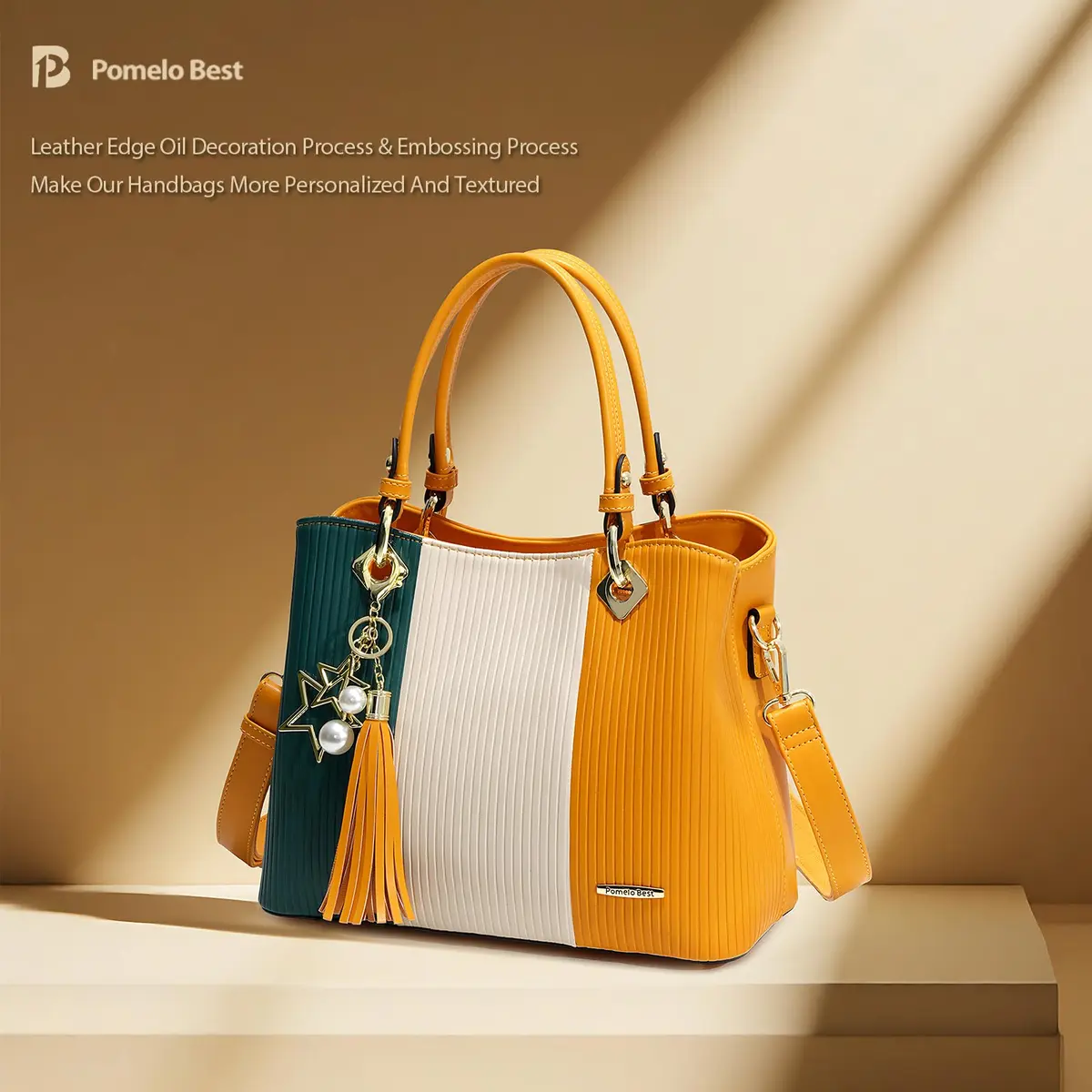 Pomelo Best Women's Satchel Handbag with Top Handle & Detachable Strap, Green/Warm White/Yellow, 30cm (11.8") | 8 Internal Pockets - view 5