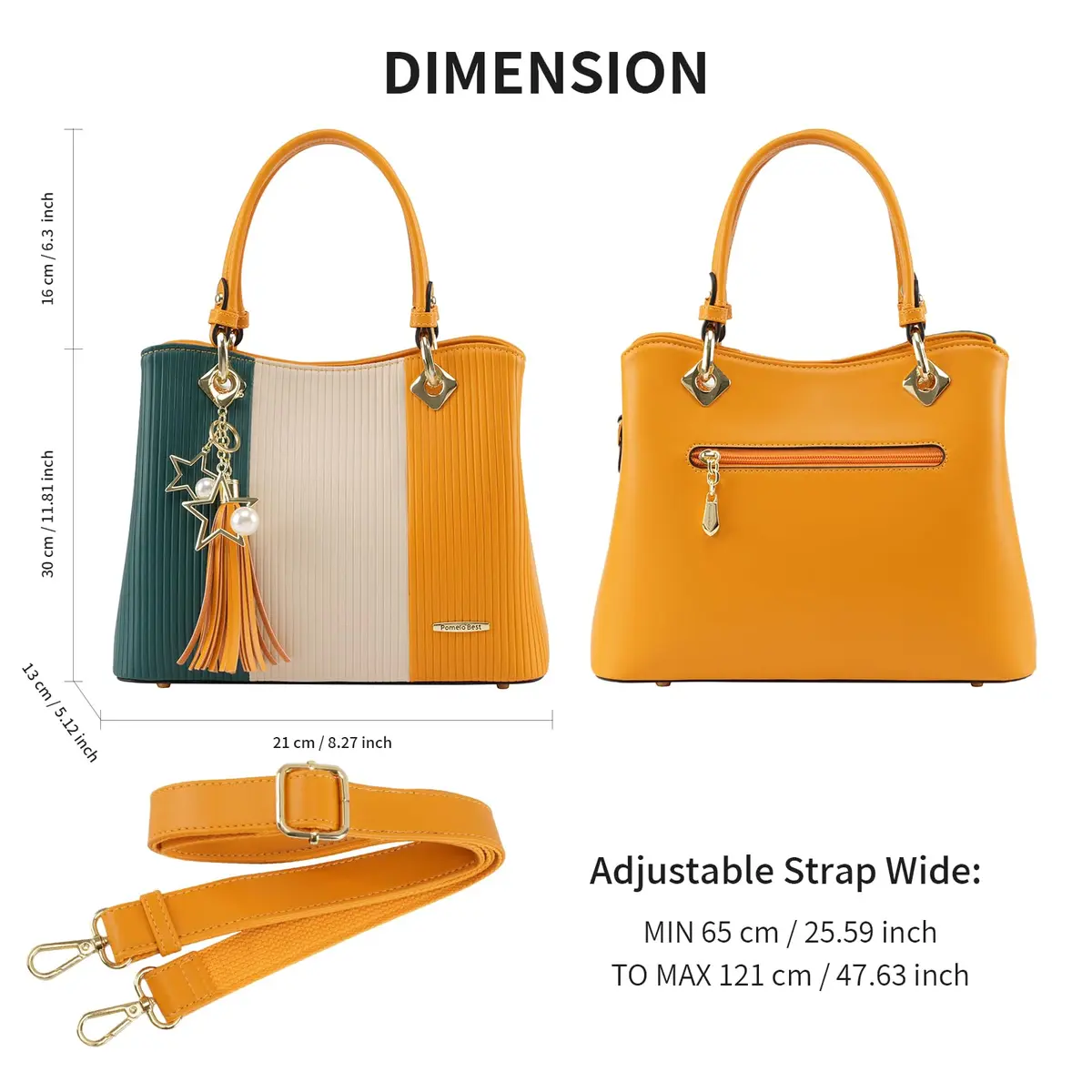 Pomelo Best Women's Satchel Handbag with Top Handle & Detachable Strap, Green/Warm White/Yellow, 30cm (11.8") | 8 Internal Pockets - view 6