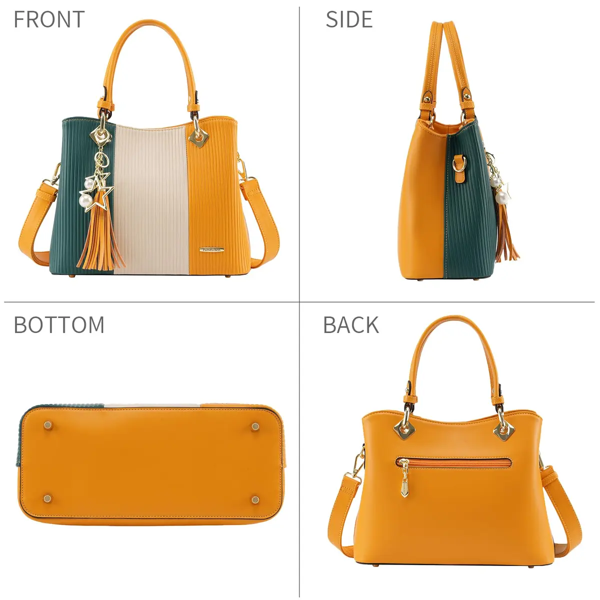 Pomelo Best Women's Satchel Handbag with Top Handle & Detachable Strap, Green/Warm White/Yellow, 30cm (11.8") | 8 Internal Pockets - view 7