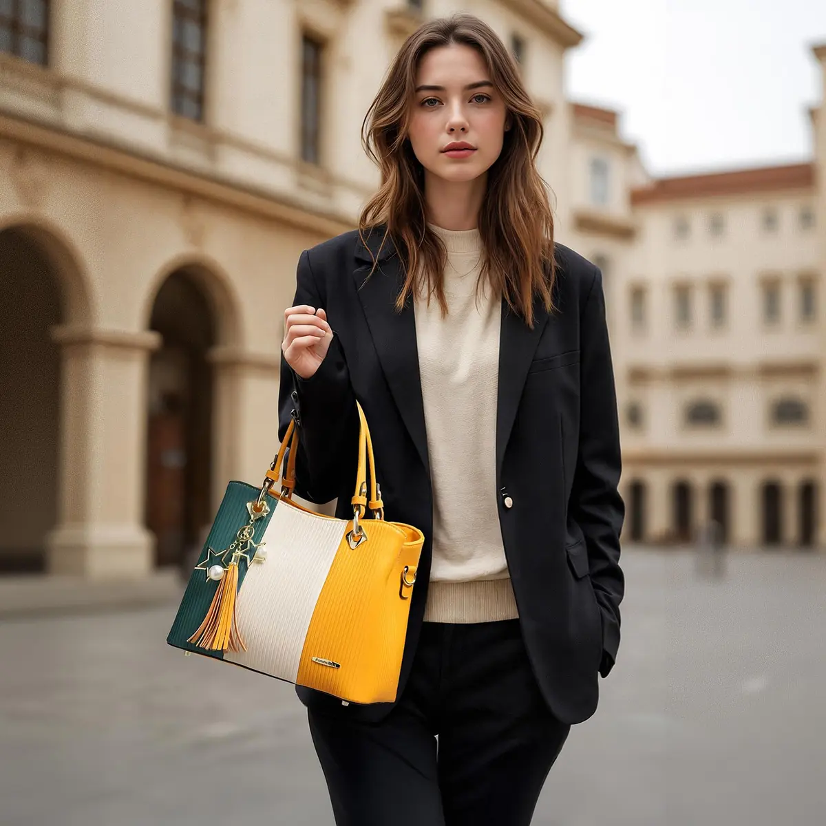 Pomelo Best Women's Satchel Handbag with Top Handle & Detachable Strap, Green/Warm White/Yellow, 30cm (11.8") | 8 Internal Pockets - view 2