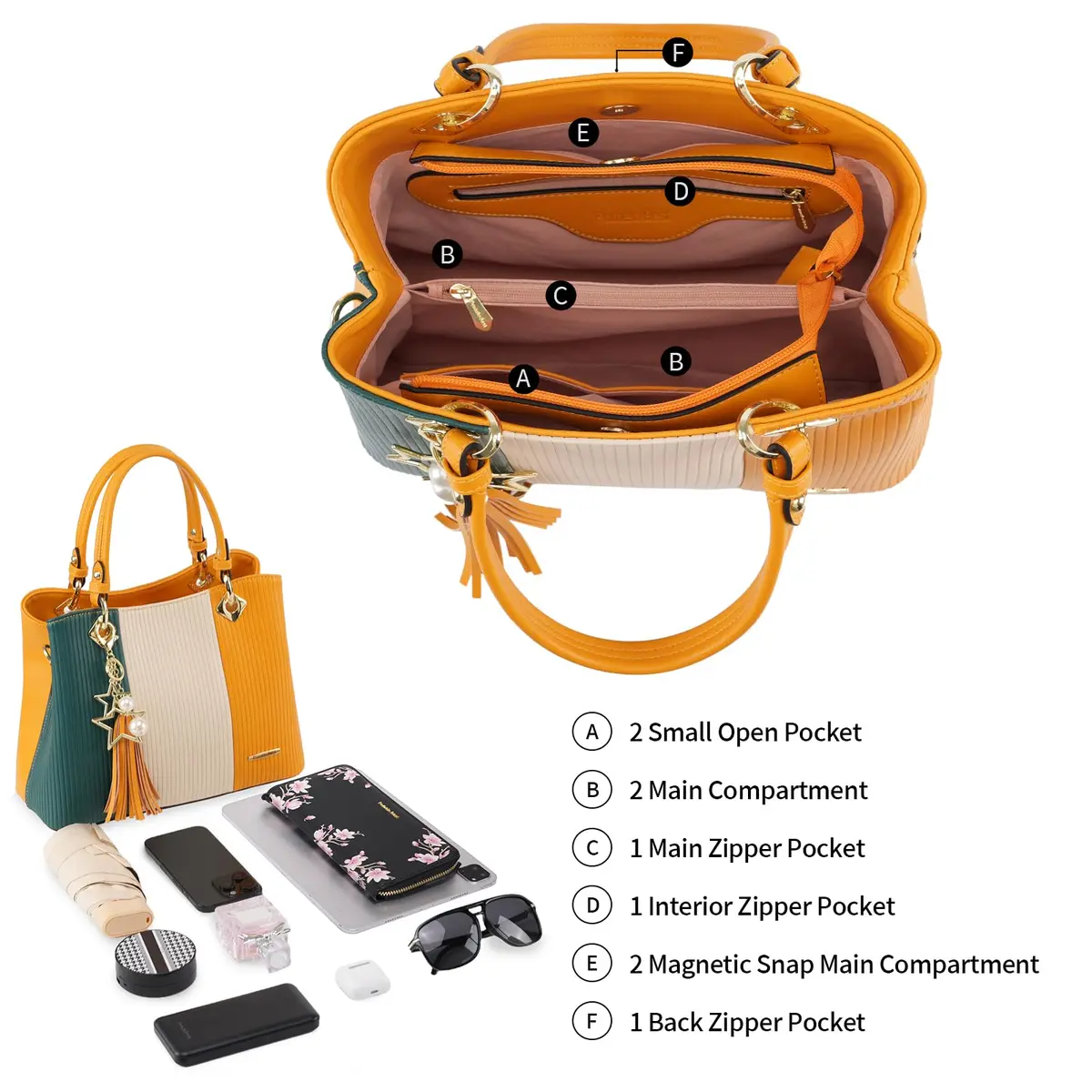Pomelo Best Women's Satchel Handbag with Top Handle & Detachable Strap, Green/Warm White/Yellow, 30cm (11.8") | 8 Internal Pockets - view 3