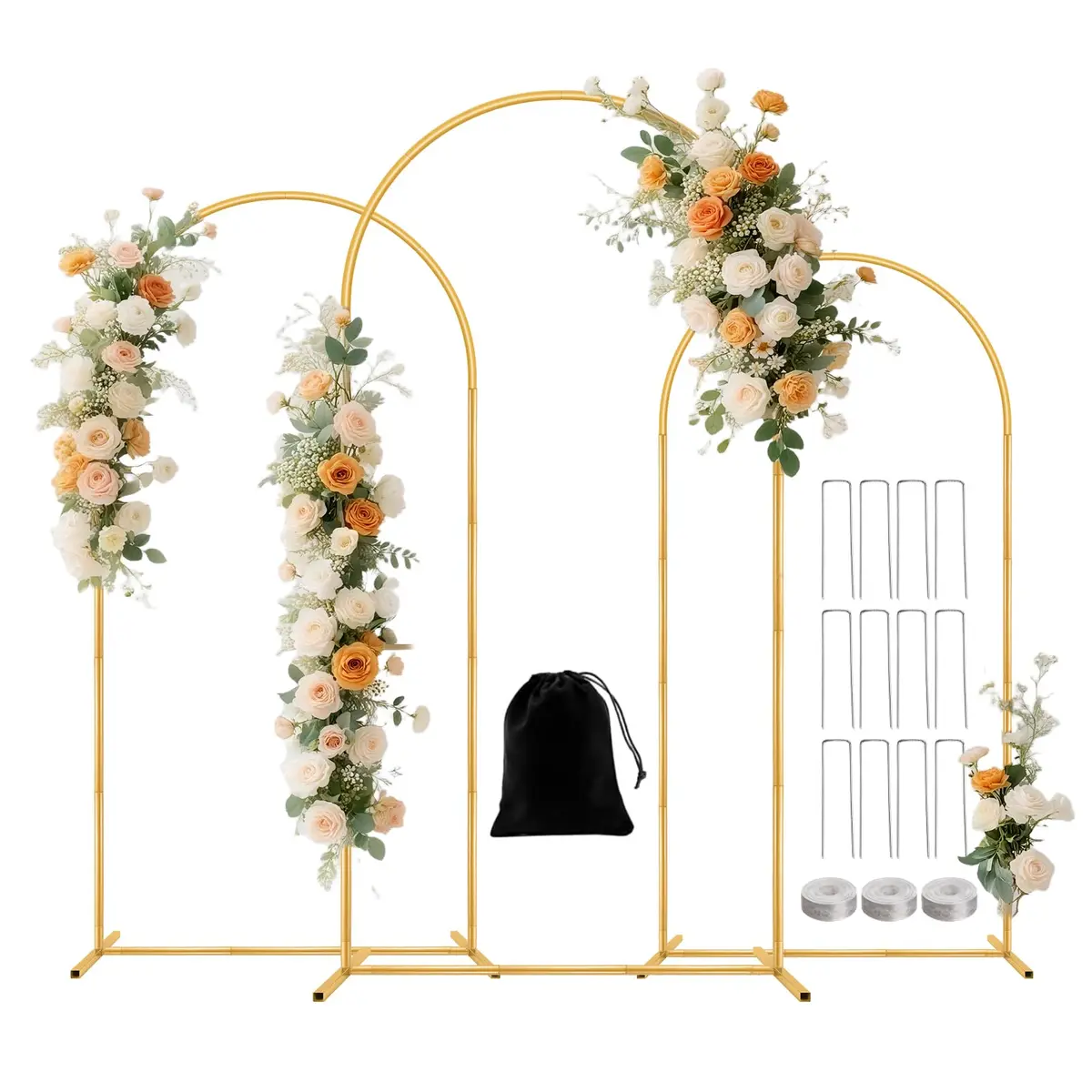 Nisoger 3 Pack Metal Arch Backdrop Stand Set 2.2m (7.2 ft) 2m (6.6 ft) 1.8m (6 ft) Gold | Heavy Duty Balloon Arbor Frame for Weddings & Events - main product image