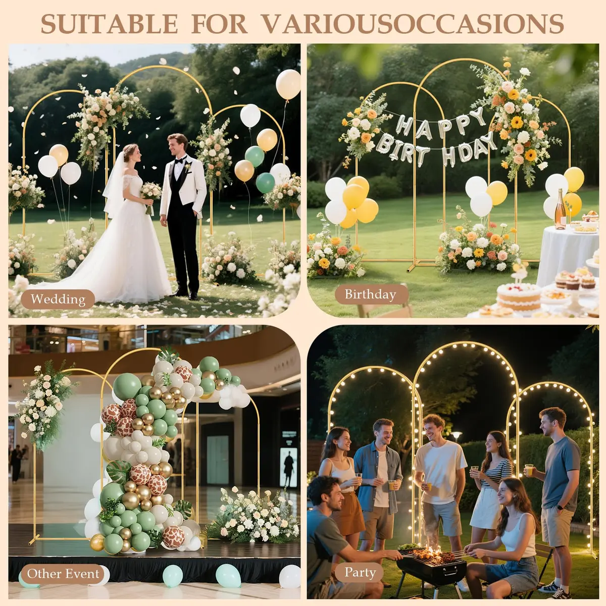 Nisoger 3 Pack Metal Arch Backdrop Stand Set 2.2m (7.2 ft) 2m (6.6 ft) 1.8m (6 ft) Gold | Heavy Duty Balloon Arbor Frame for Weddings & Events - view 7