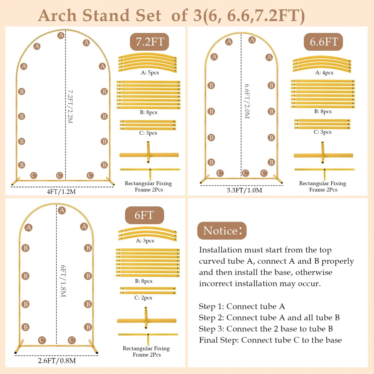 Nisoger 3 Pack Metal Arch Backdrop Stand Set 2.2m (7.2 ft) 2m (6.6 ft) 1.8m (6 ft) Gold | Heavy Duty Balloon Arbor Frame for Weddings & Events - view 8