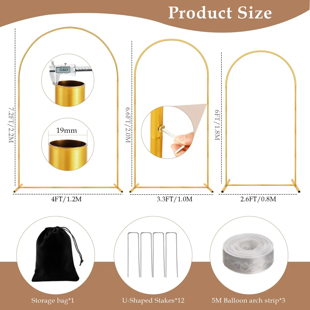 Nisoger 3 Pack Metal Arch Backdrop Stand Set 2.2m (7.2 ft) 2m (6.6 ft) 1.8m (6 ft) Gold | Heavy Duty Balloon Arbor Frame for Weddings & Events - view 3