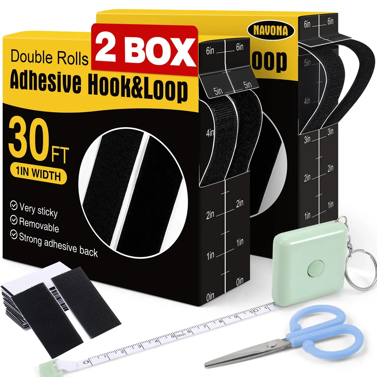 Navona Heavy Duty Hook and Loop Strips with Adhesive, 60ft Total x 2.5cm (1 Inch), Black | Self-Adhesive Fastener Tape for Home & Office - main product image