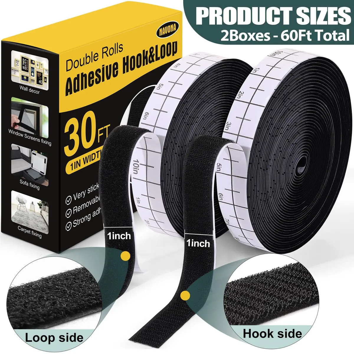 Navona Heavy Duty Hook and Loop Strips with Adhesive, 60ft Total x 2.5cm (1 Inch), Black | Self-Adhesive Fastener Tape for Home & Office - view 4
