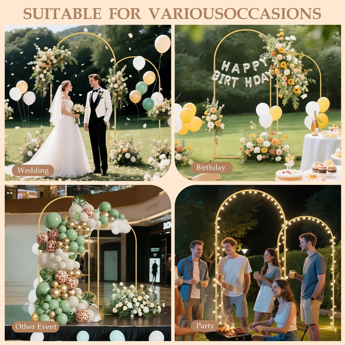 Nisoger 2 Pack Metal Arch Backdrop Stand 2.2m (7.2 ft) & 1.8m (6 ft) Gold Balloon Arbor Frame | Heavy Duty Wedding Party Decor - view 7