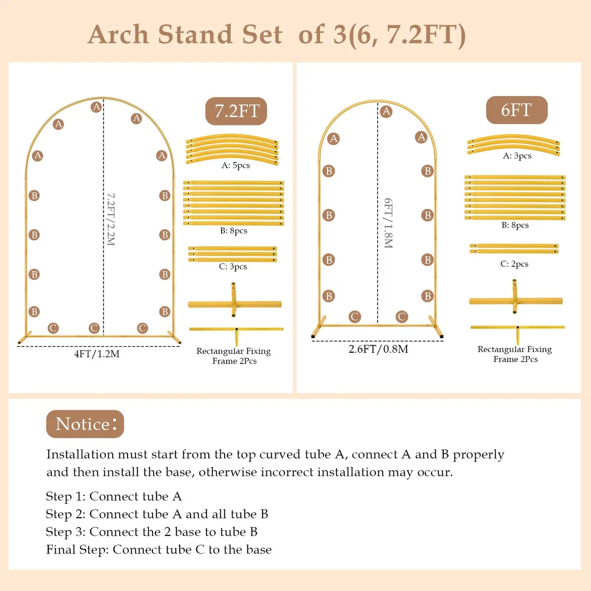 Nisoger 2 Pack Metal Arch Backdrop Stand 2.2m (7.2 ft) & 1.8m (6 ft) Gold Balloon Arbor Frame | Heavy Duty Wedding Party Decor - view 8
