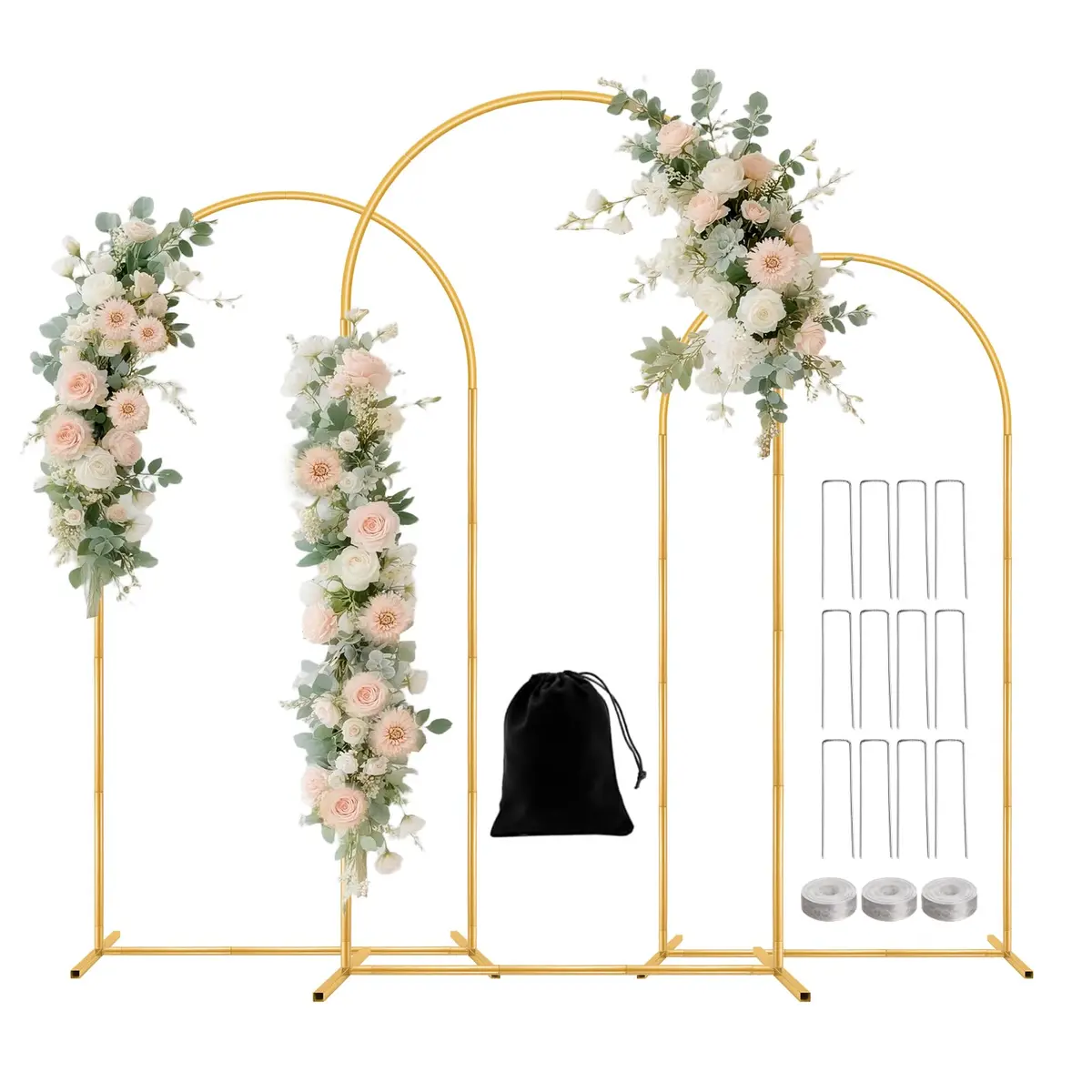 Nisoger 3 Pack Metal Arch Backdrop Stand Set (6 ft, 5 ft, 4 ft) Gold Balloon Arbor Frame | Heavy Duty Wedding Party Decor - main product image