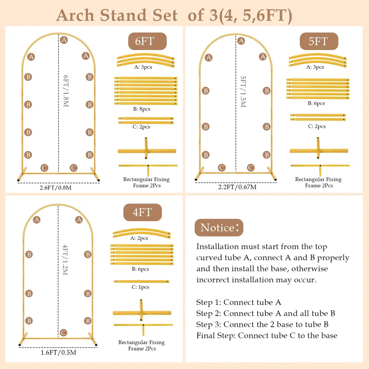 Nisoger 3 Pack Metal Arch Backdrop Stand Set (6 ft, 5 ft, 4 ft) Gold Balloon Arbor Frame | Heavy Duty Wedding Party Decor - view 9