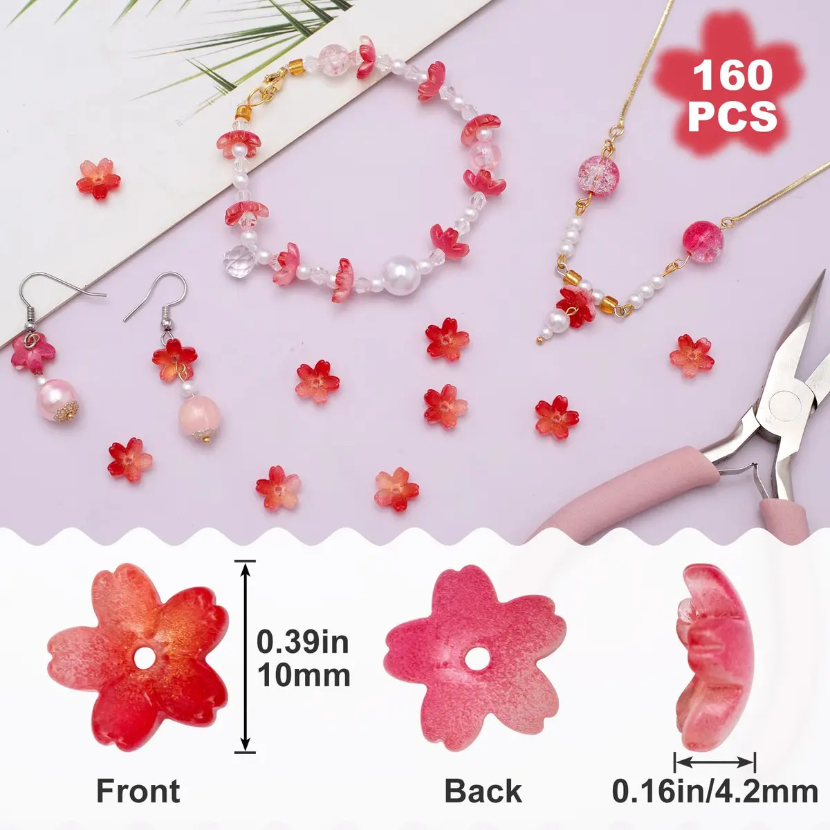 PAGOW 160 Pcs Glass Flower Beads | Cherry Blossom Jewelry Craft Beads for DIY - view 2