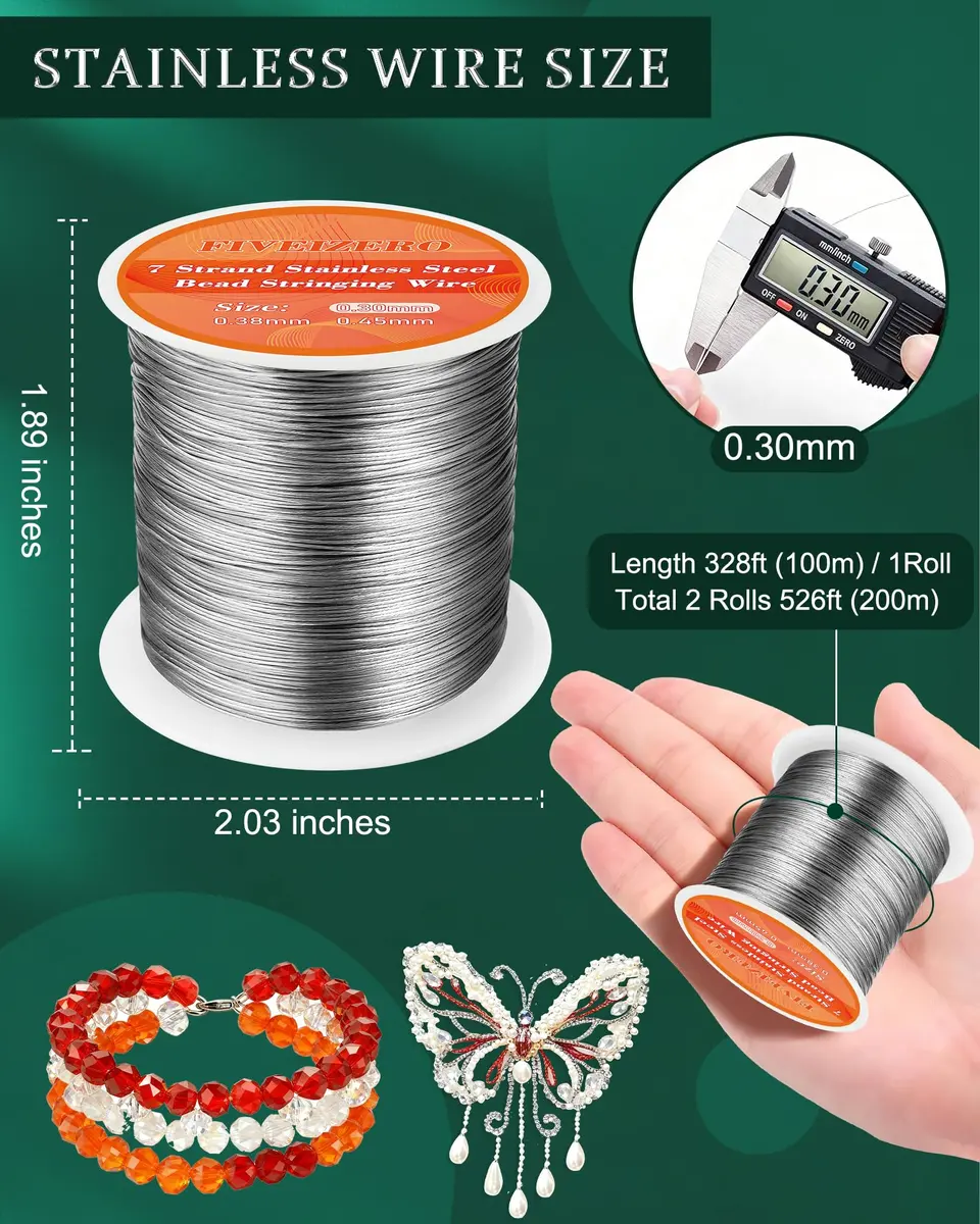FIVEIZERO 0.3mm 7 Strand Stainless Steel Beading Wire, 656ft Jewelry Wire, Silver | Durable, Flexible Jewelry Stringing Support - view 2