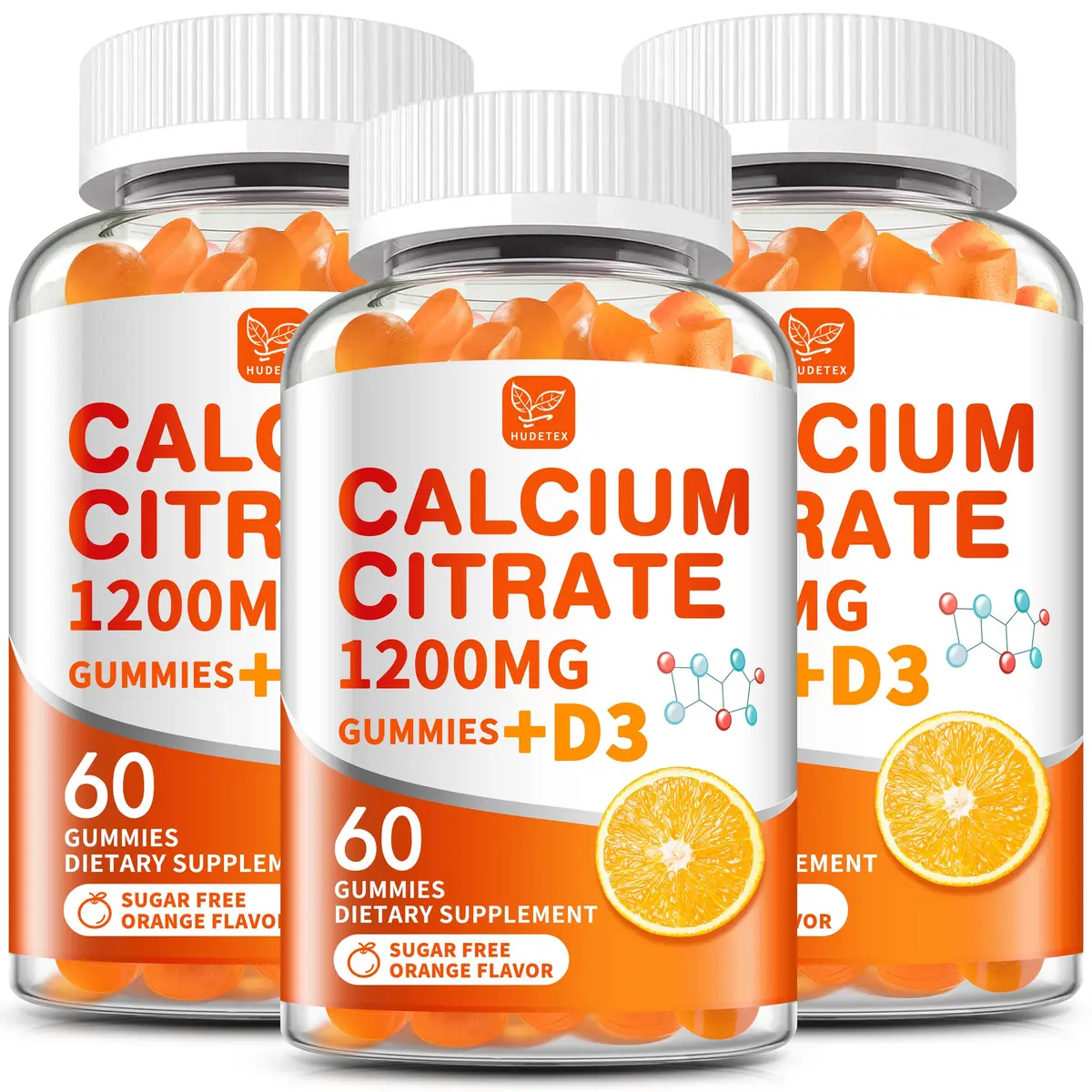 Hudetex Calcium Citrate 1200 mg & Vitamin D3 Gummies 60 Day Supply | Sugar-Free, Vegan, Orange Flavor - main product image