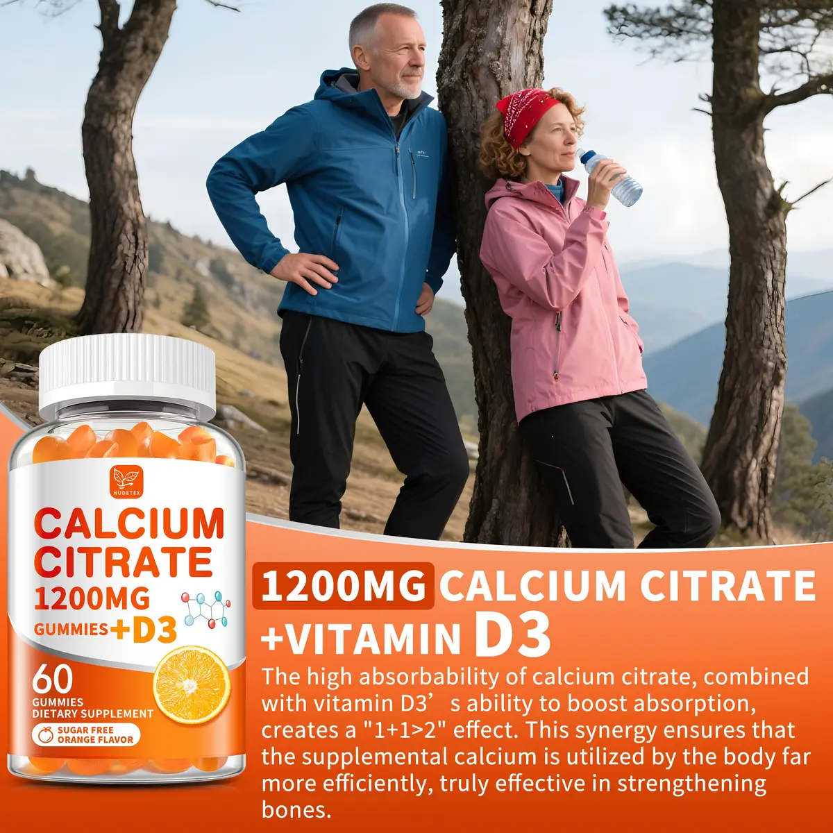 Hudetex Calcium Citrate 1200 mg & Vitamin D3 Gummies 60 Day Supply | Sugar-Free, Vegan, Orange Flavor - view 5