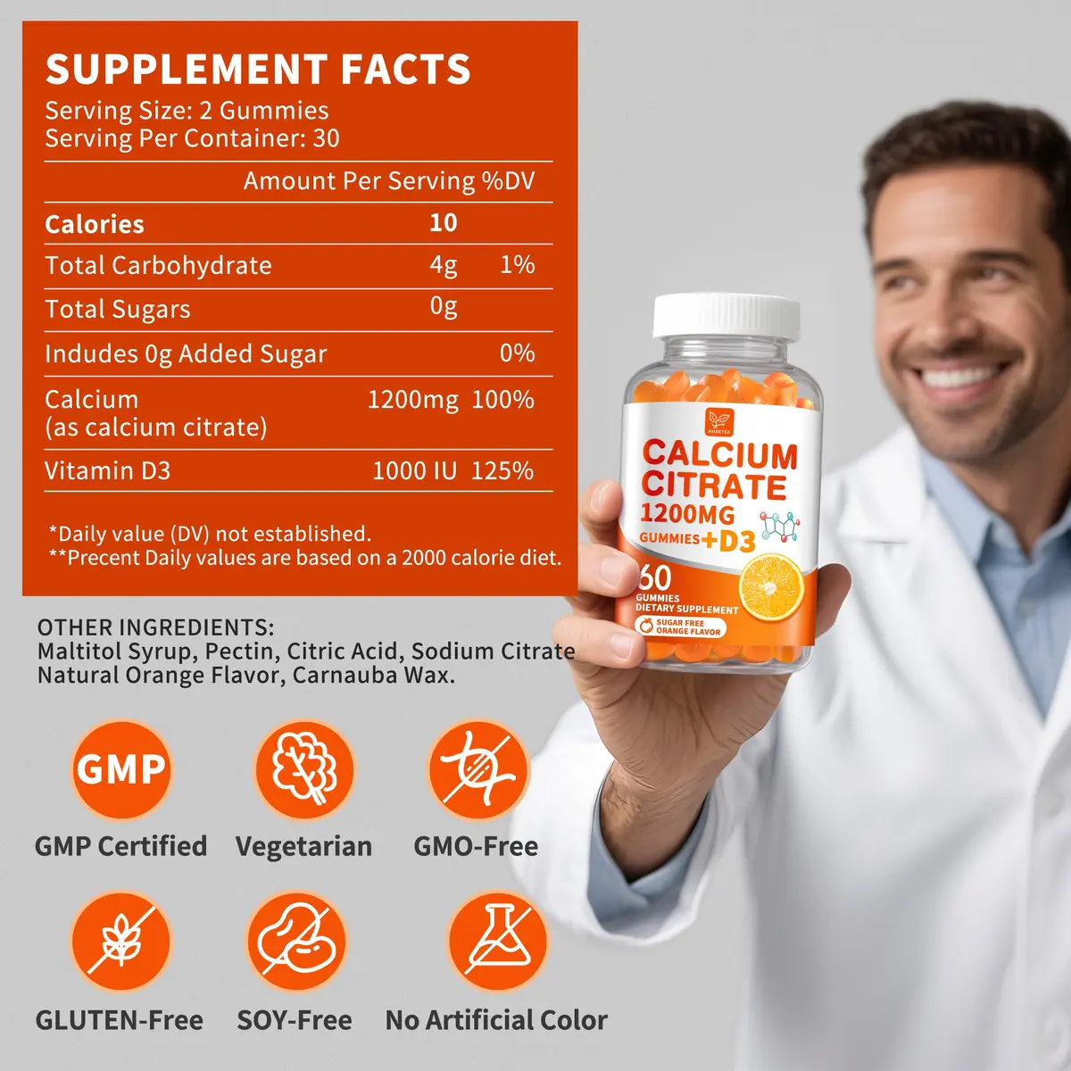 Hudetex Calcium Citrate 1200 mg & Vitamin D3 Gummies 60 Day Supply | Sugar-Free, Vegan, Orange Flavor - view 6
