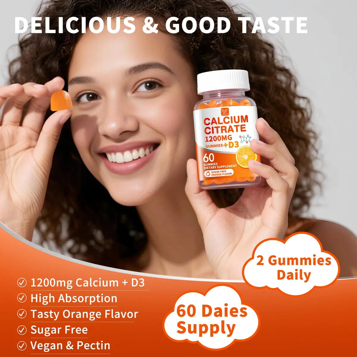 Hudetex Calcium Citrate 1200 mg & Vitamin D3 Gummies 60 Day Supply | Sugar-Free, Vegan, Orange Flavor - view 7