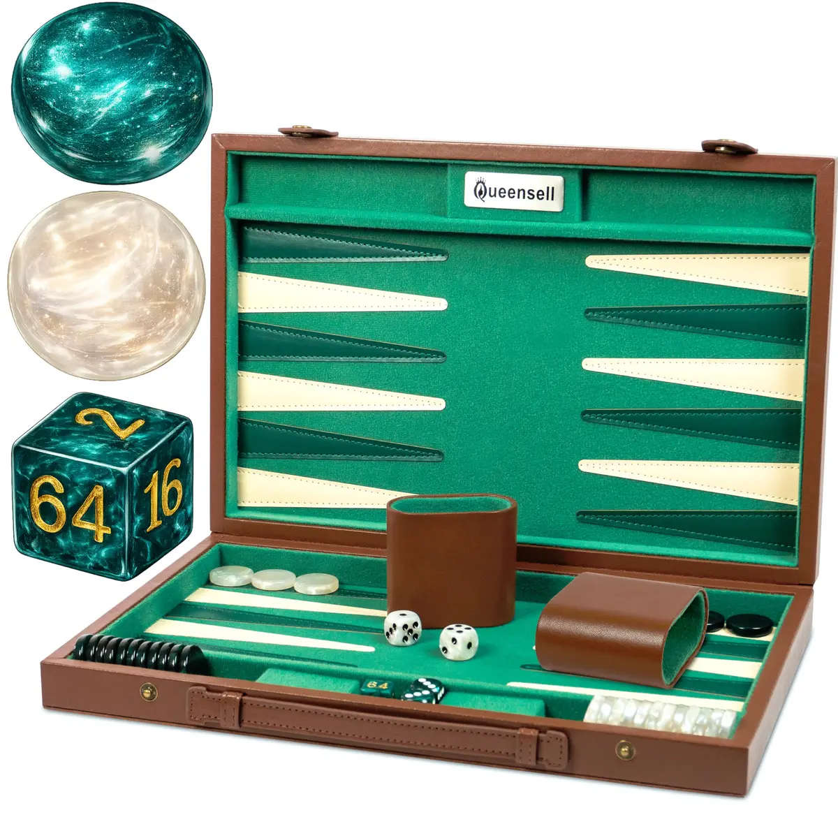 Queensell 15 Inch Backgammon Set for Adults – Premium Faux Suede Leather Board Game with 32 Chips, Dice Cups & Doubling Cube | Educational Strategy Game - main product image