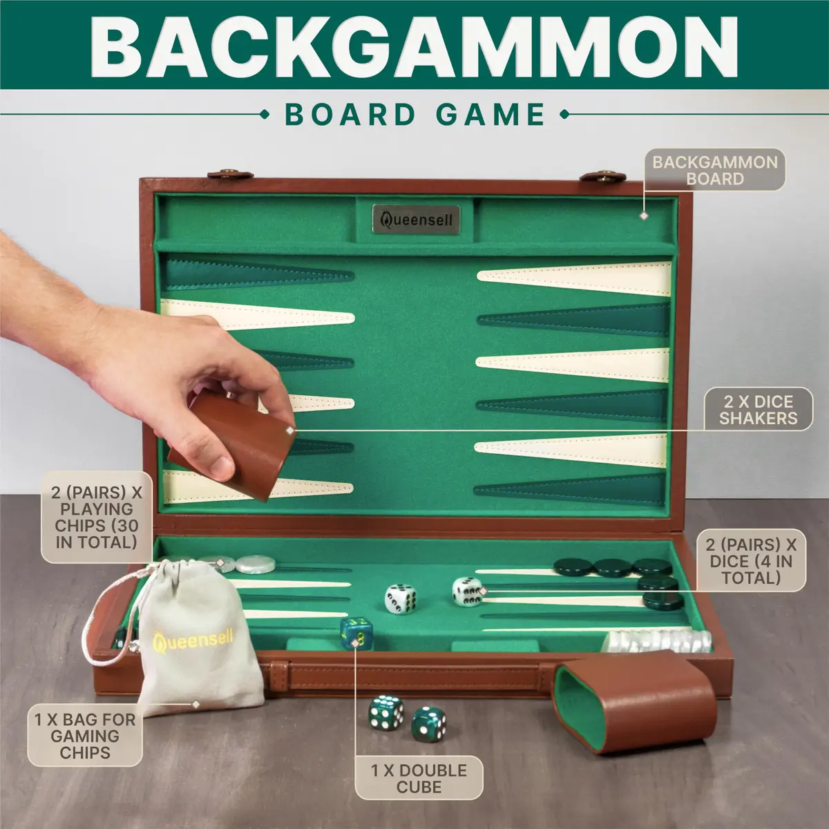 Queensell 15 Inch Backgammon Set for Adults – Premium Faux Suede Leather Board Game with 32 Chips, Dice Cups & Doubling Cube | Educational Strategy Game - view 5