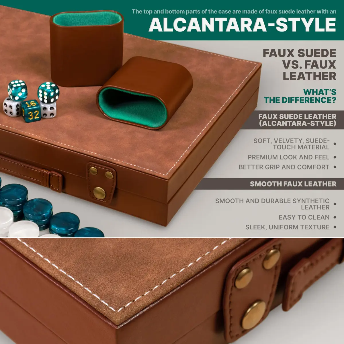 Queensell 15 Inch Backgammon Set for Adults – Premium Faux Suede Leather Board Game with 32 Chips, Dice Cups & Doubling Cube | Educational Strategy Game - view 2