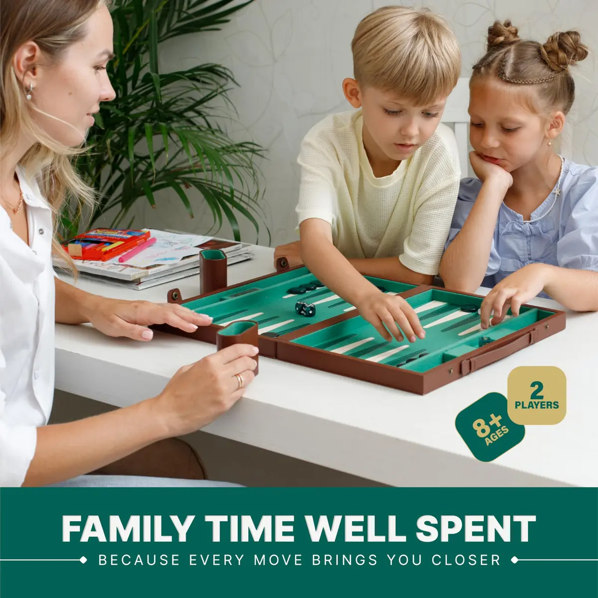 Queensell 15 Inch Backgammon Set for Adults – Premium Faux Suede Leather Board Game with 32 Chips, Dice Cups & Doubling Cube | Educational Strategy Game - view 4