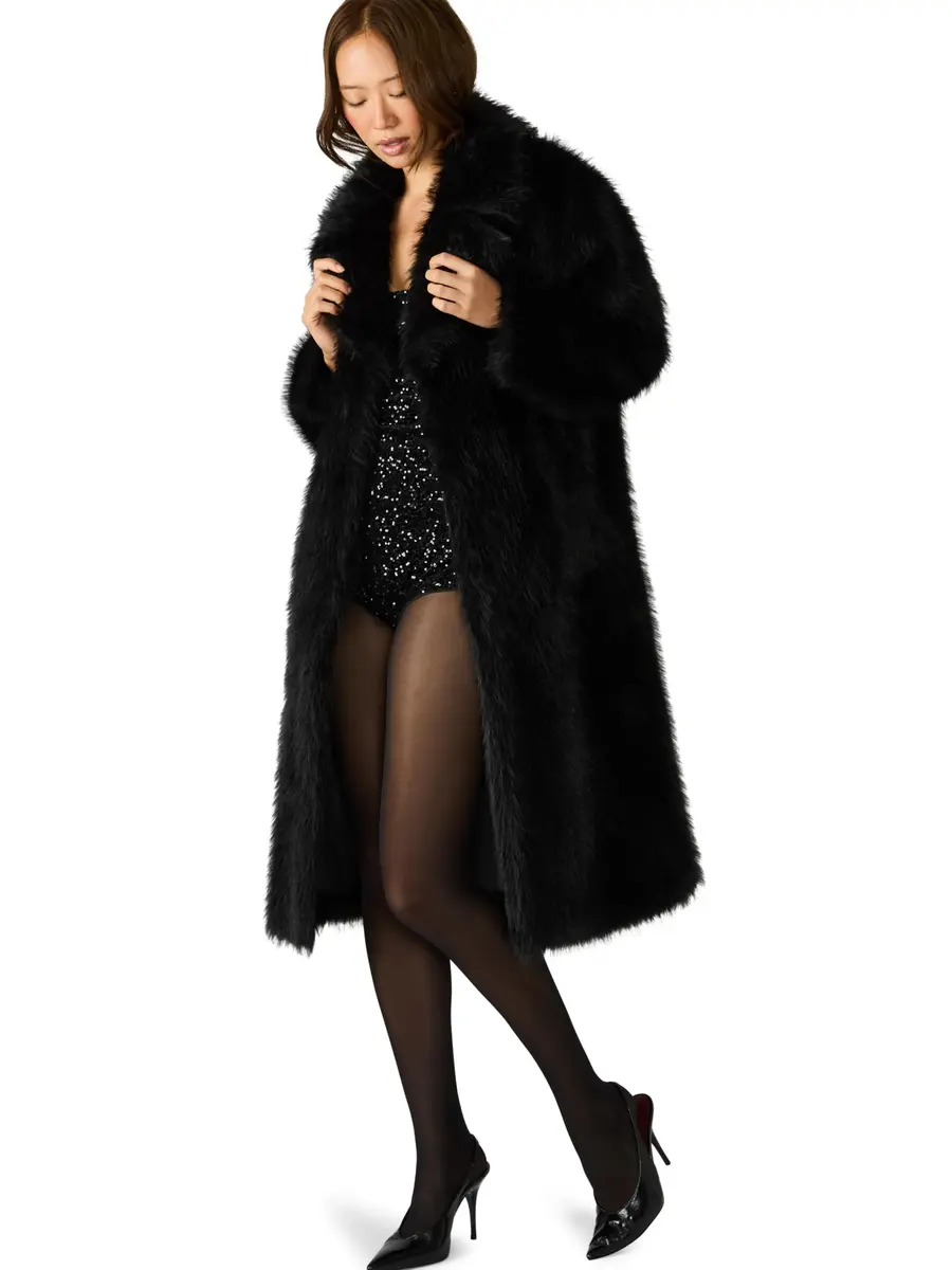 Steve Madden LARKIN COAT, Black, XS | Fall Season Loose Fit Faux Fur Overcoat - view 2